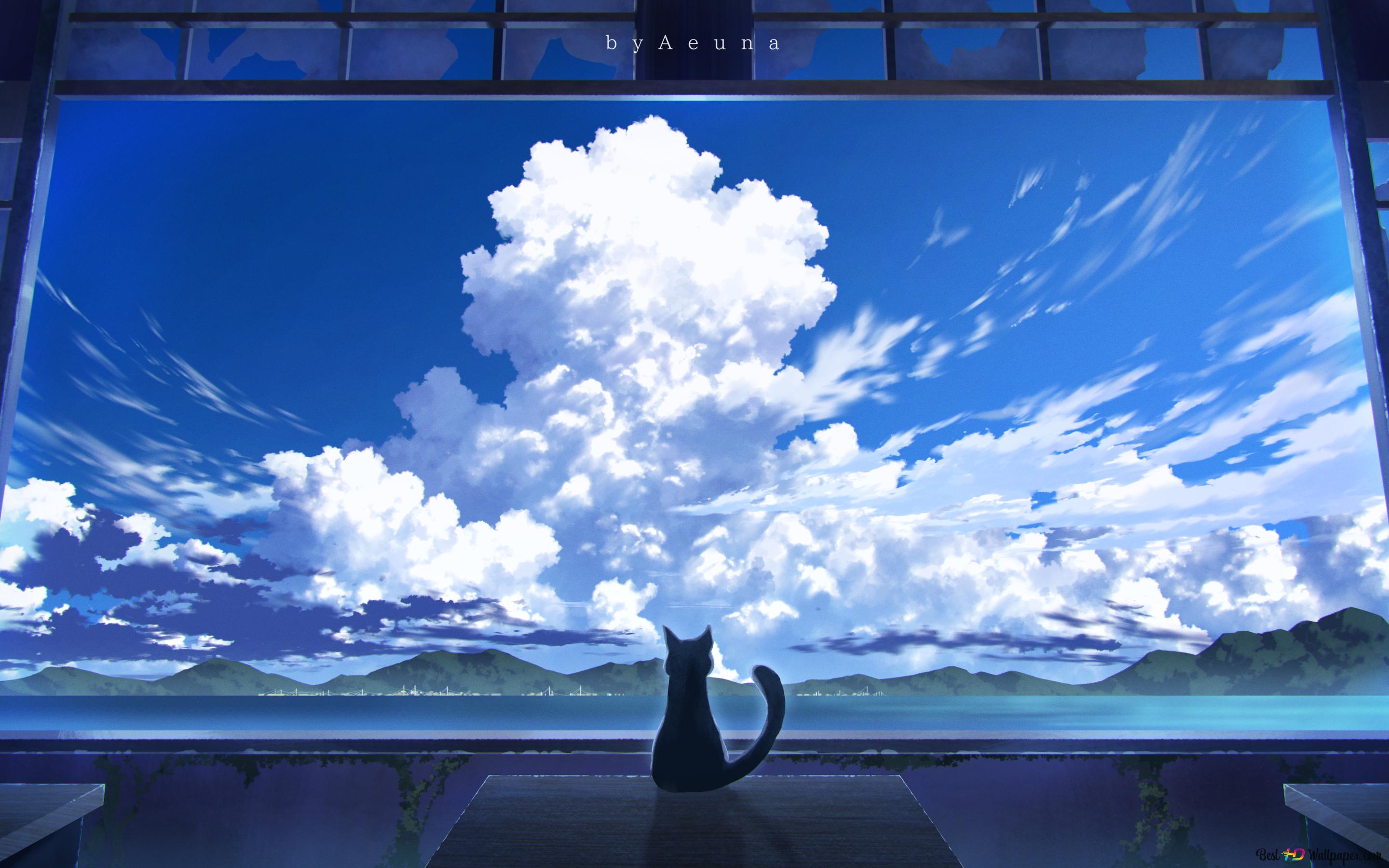 Anime cute cat watching cloudy seascape 4K wallpaper download