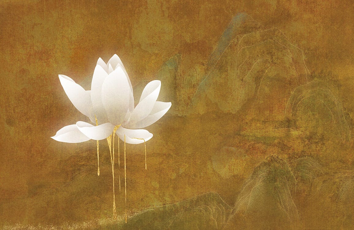 Golden Abstract Lotus Flower Mural Wallpaper