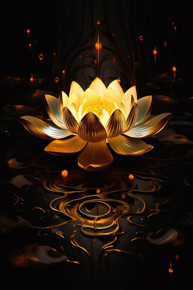 Illuminated Lotus On Golden Pond For iPhone Wallpaper and Decorations