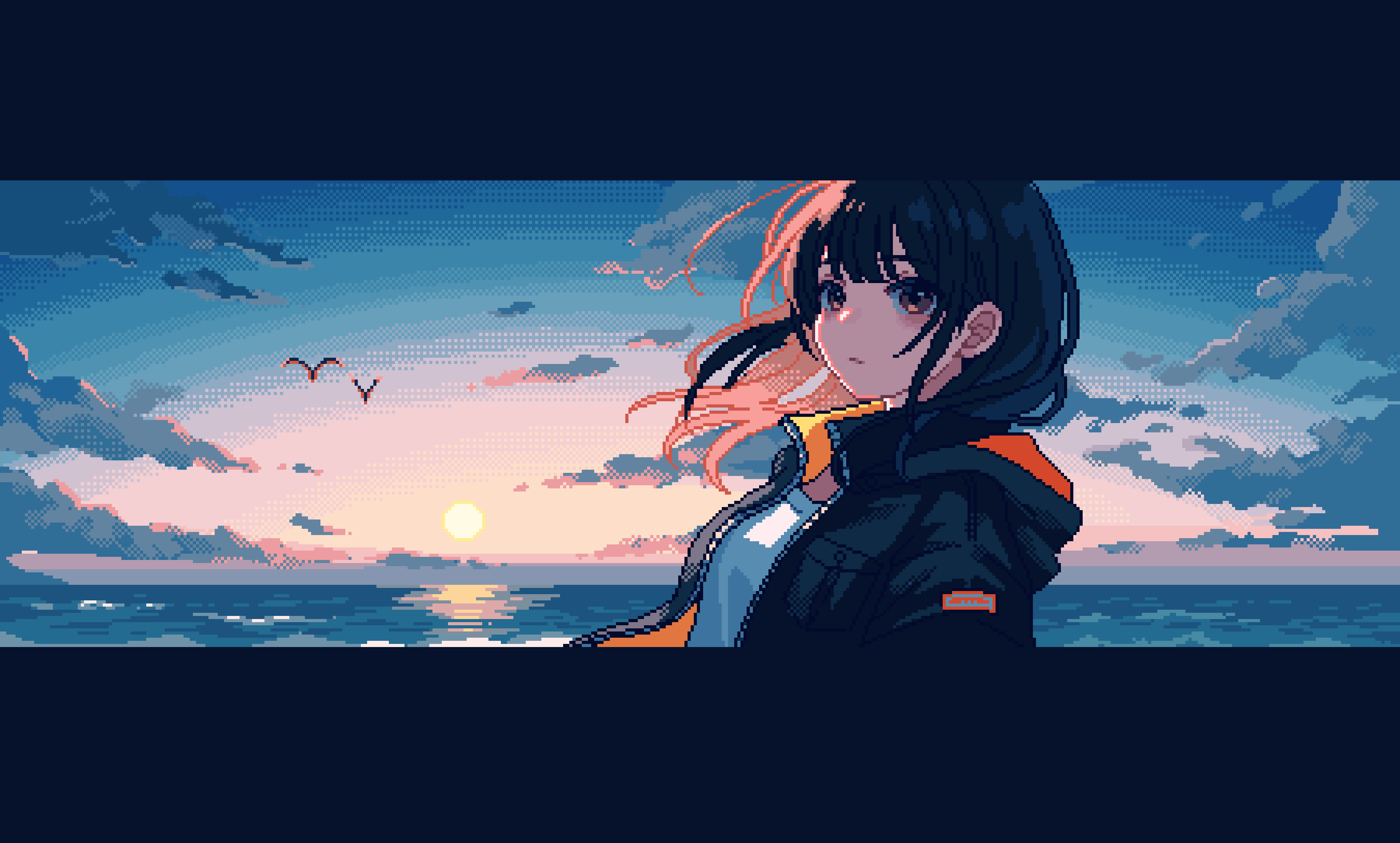 anime, anime girls, pixel art, sunset, dark hair, black hair, clouds, sea, seagulls, jacket, brown eyes, scenery, yuki7jmi, hair blowing in the wind, Sun, sky, water, ultrawide, open jacket, looking at viewer