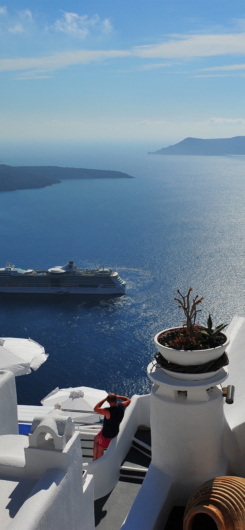 Greece, Santorini, Houses, Sea, Ship, Island 828x1792 IPhone 11 XR Wallpaper, Background, Picture, Image