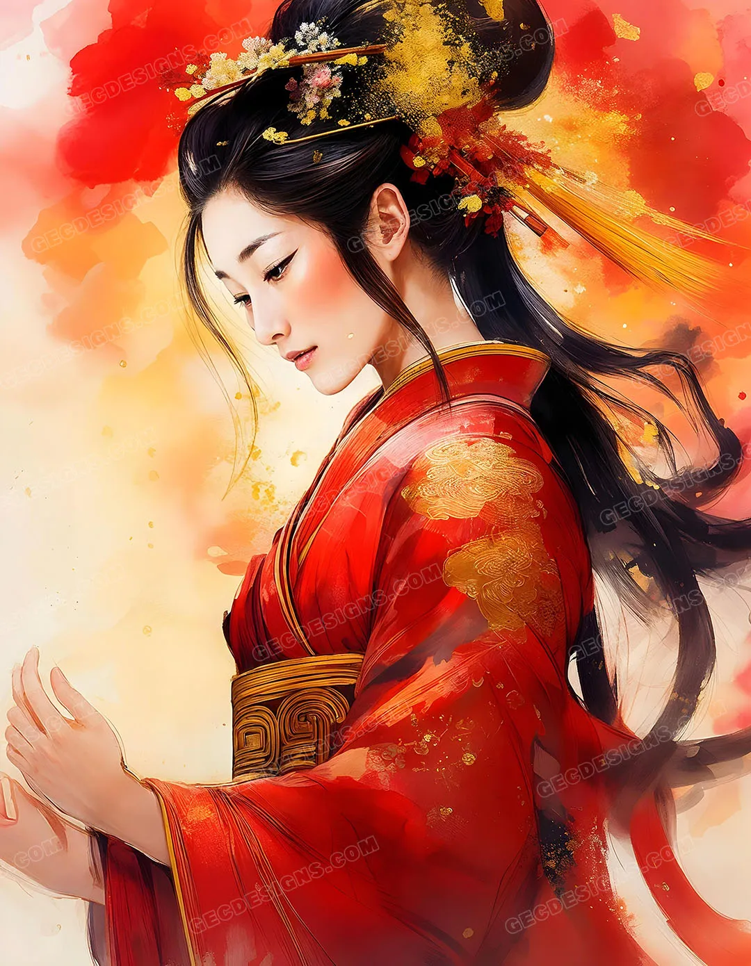 Beautiful Japanese woman with red kimono wallpaper