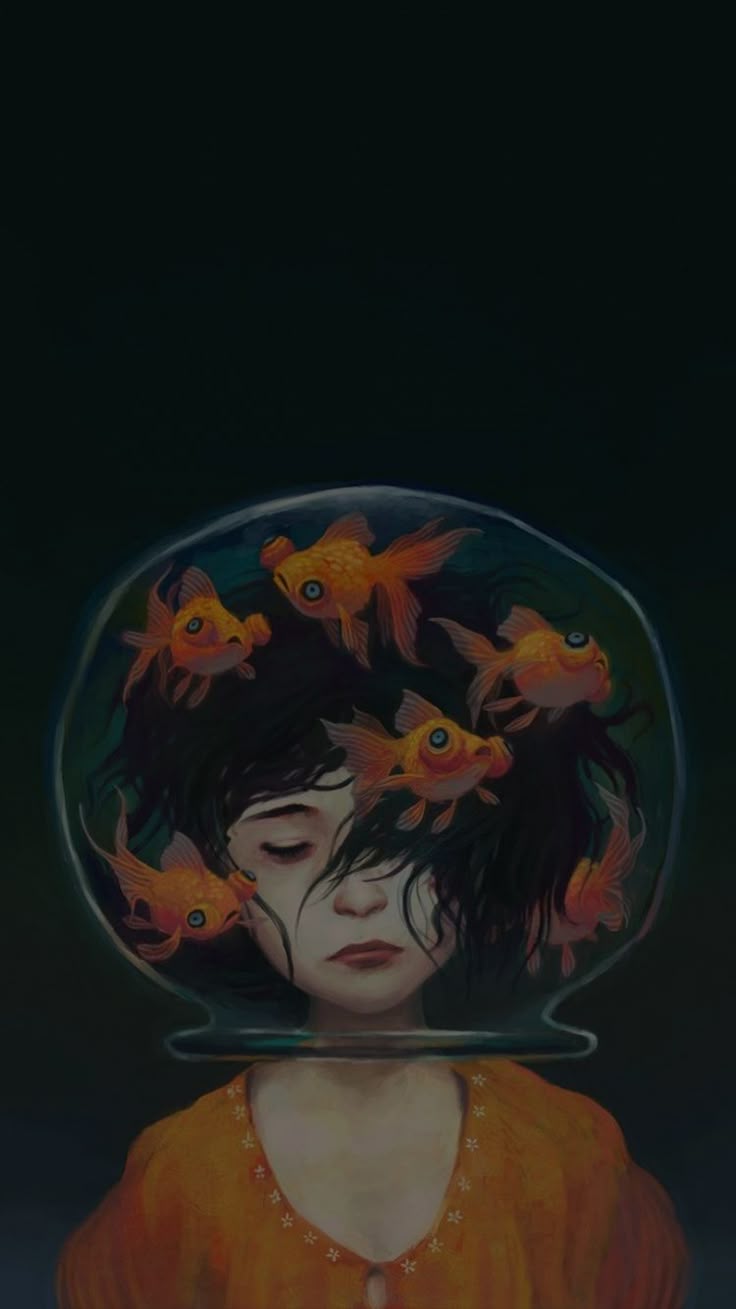 Surreal, girl's head in fish bowl, aquarium, 750x1334 wallpaper