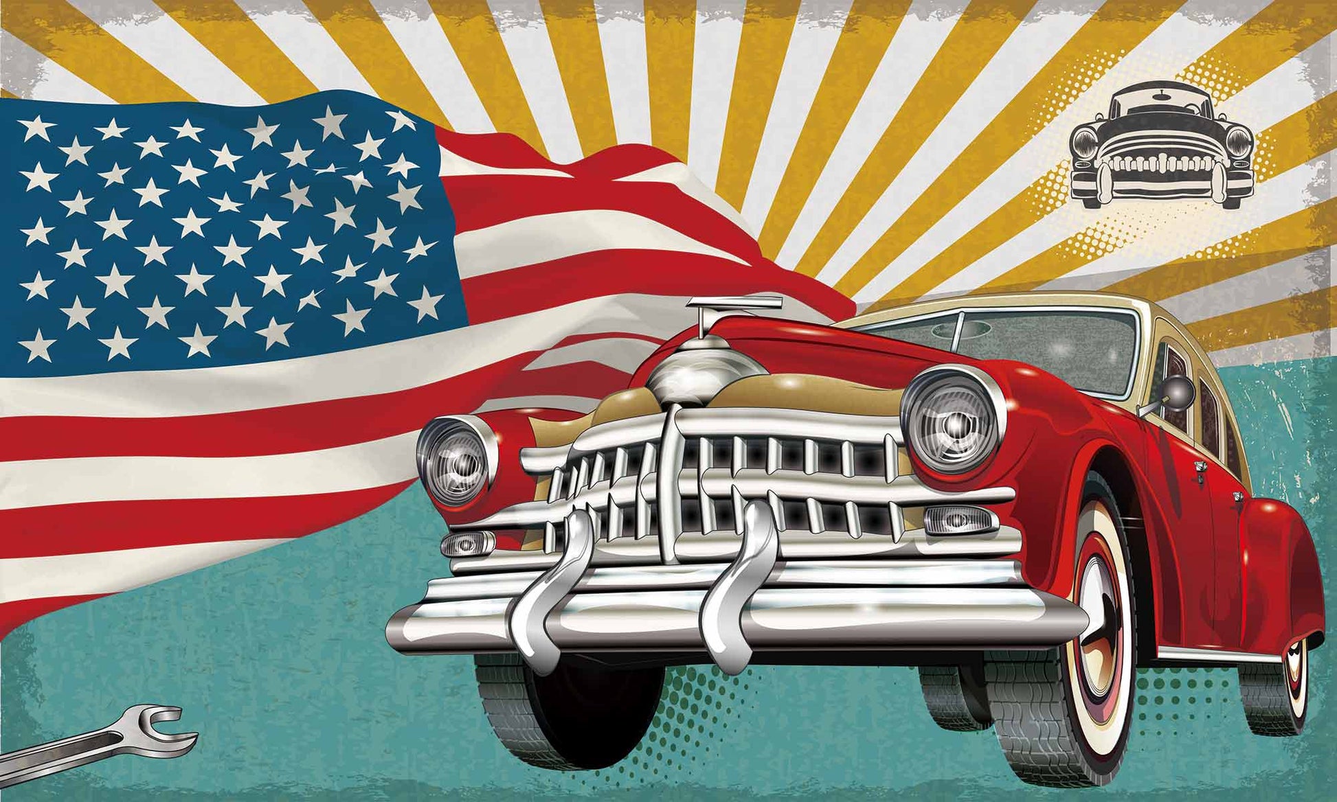 Retro American Flag Car Mural Wallpaper