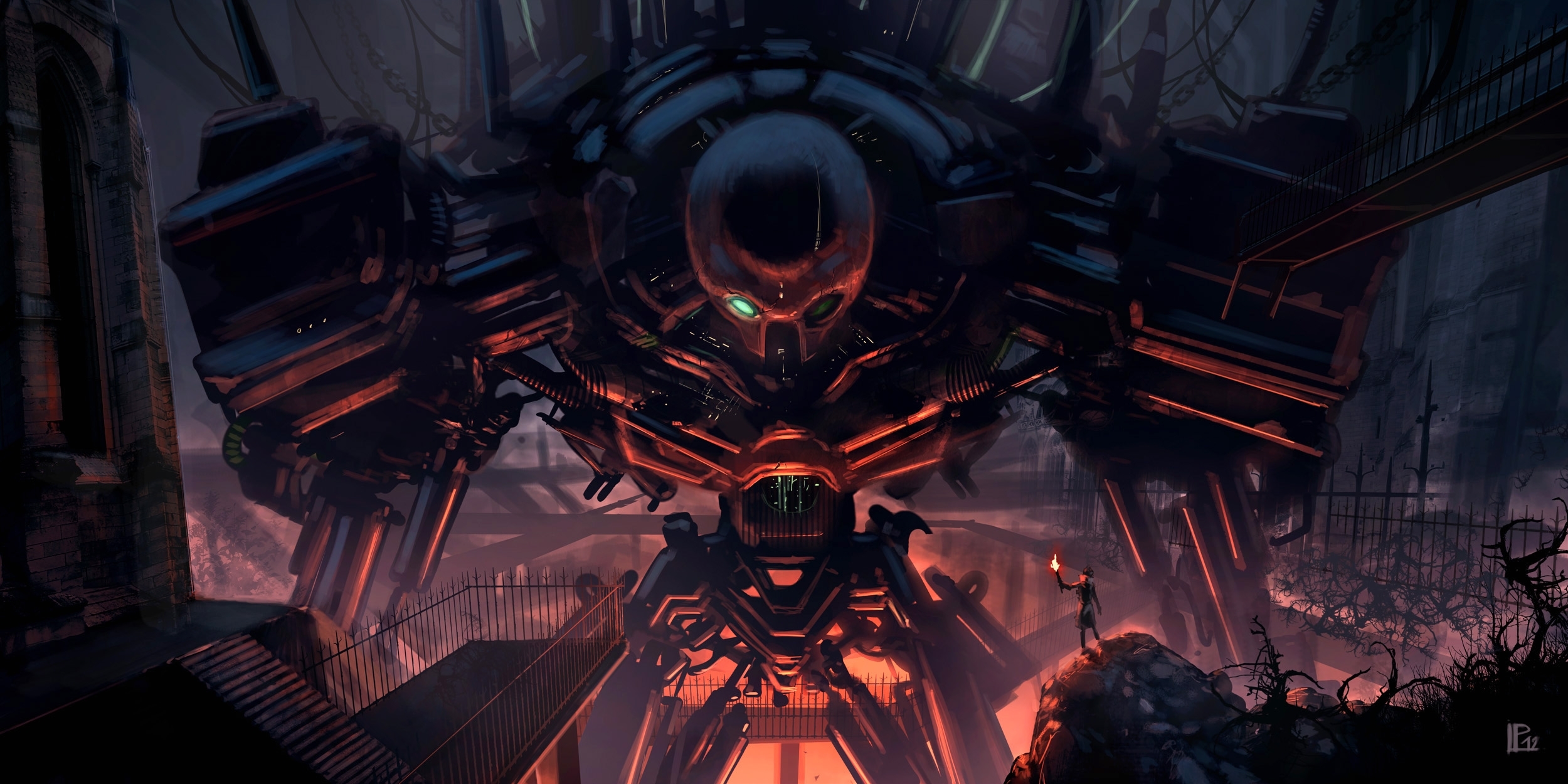 Wallpaper metal, wire, people, robot, art, hangar, torch, giant for mobile and desktop, section фантастика, resolution 2500x1250