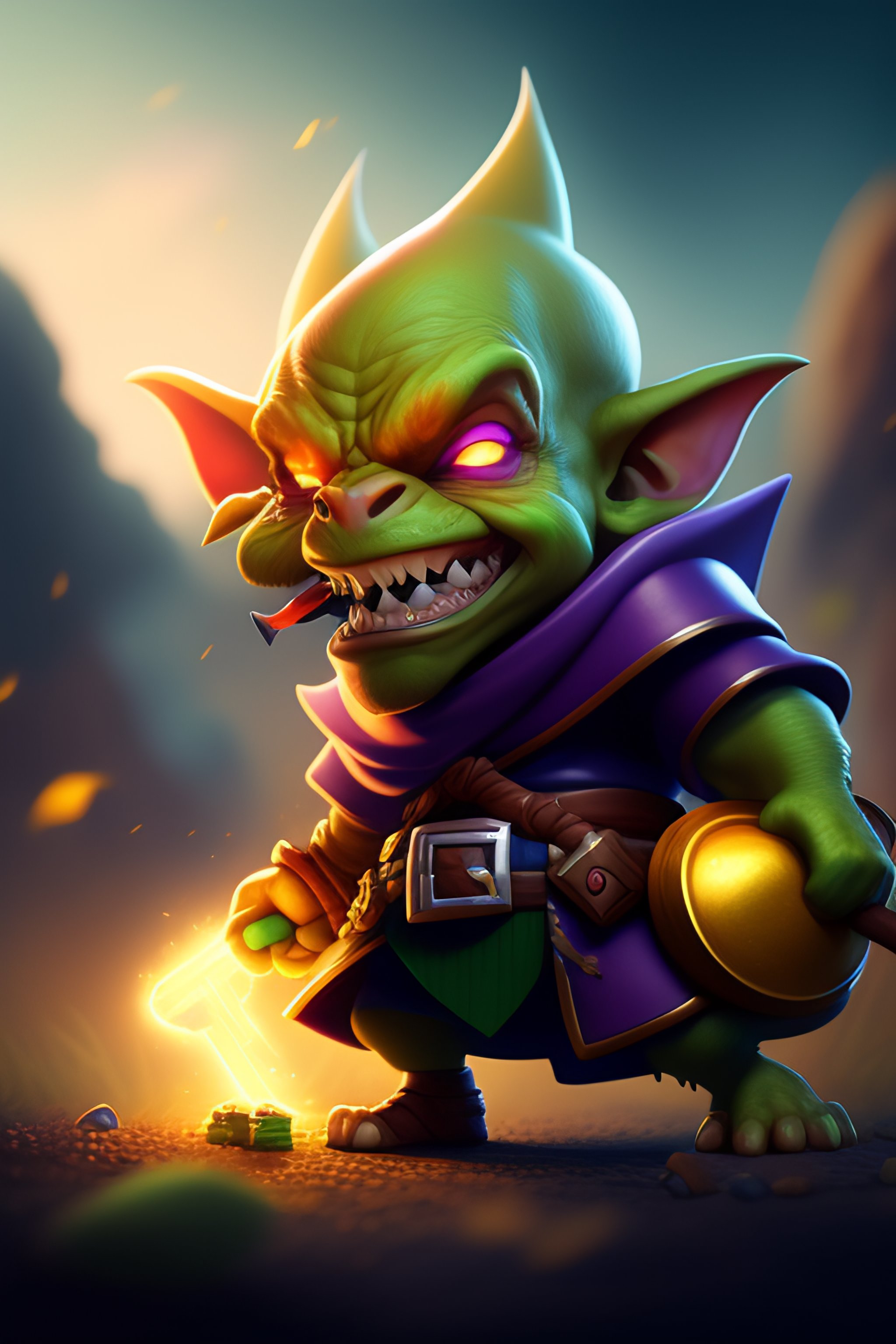 A goblin from clash of clans robbing a rainbow treasure, sharp details, sharp focus, higly detailed, illustration, clash of clans style