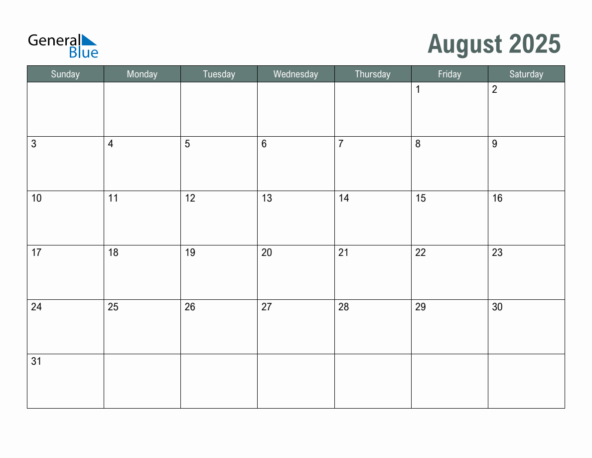 Blank August 2025 Monthly Calendar