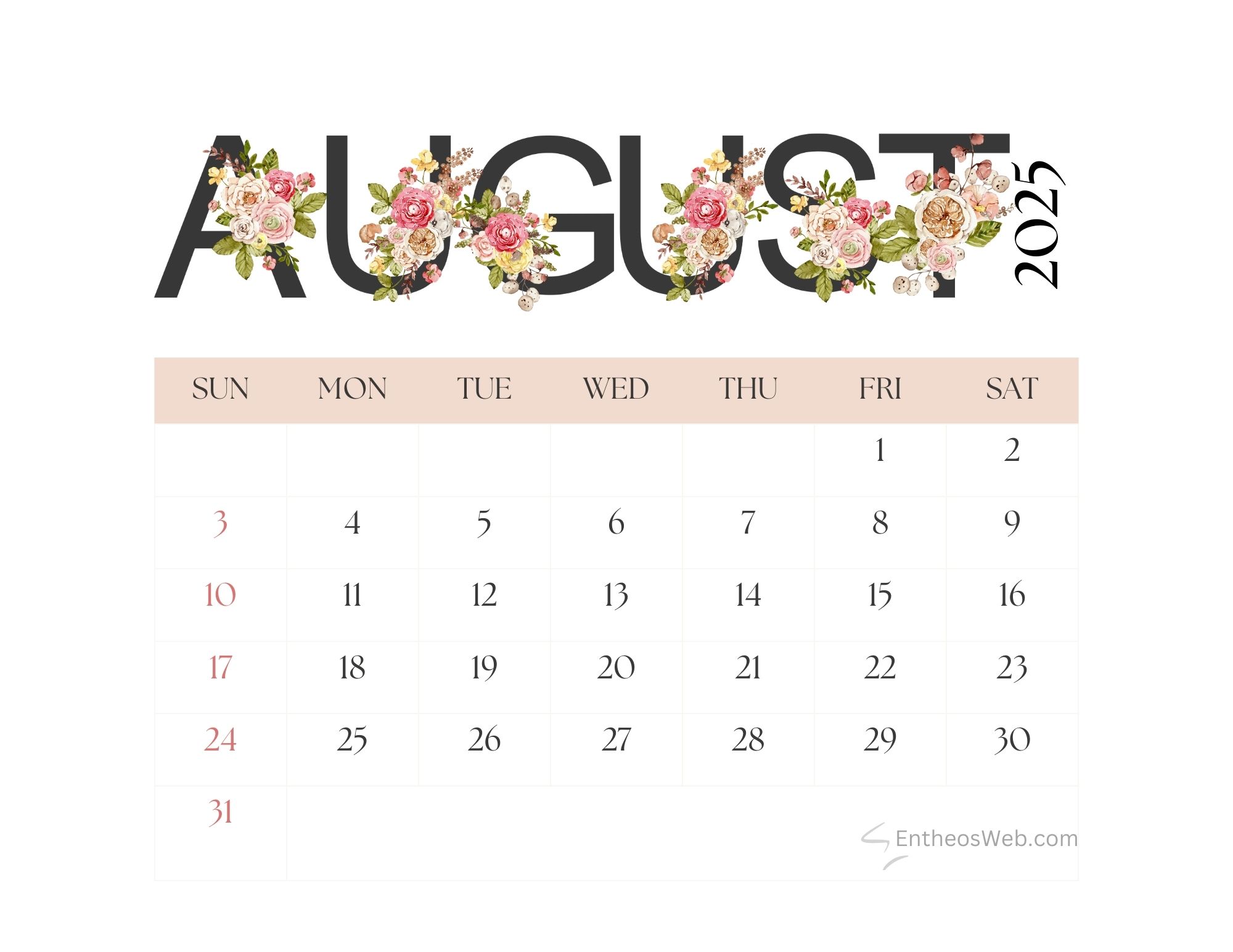 Free August 2025 Calendar (PDF)