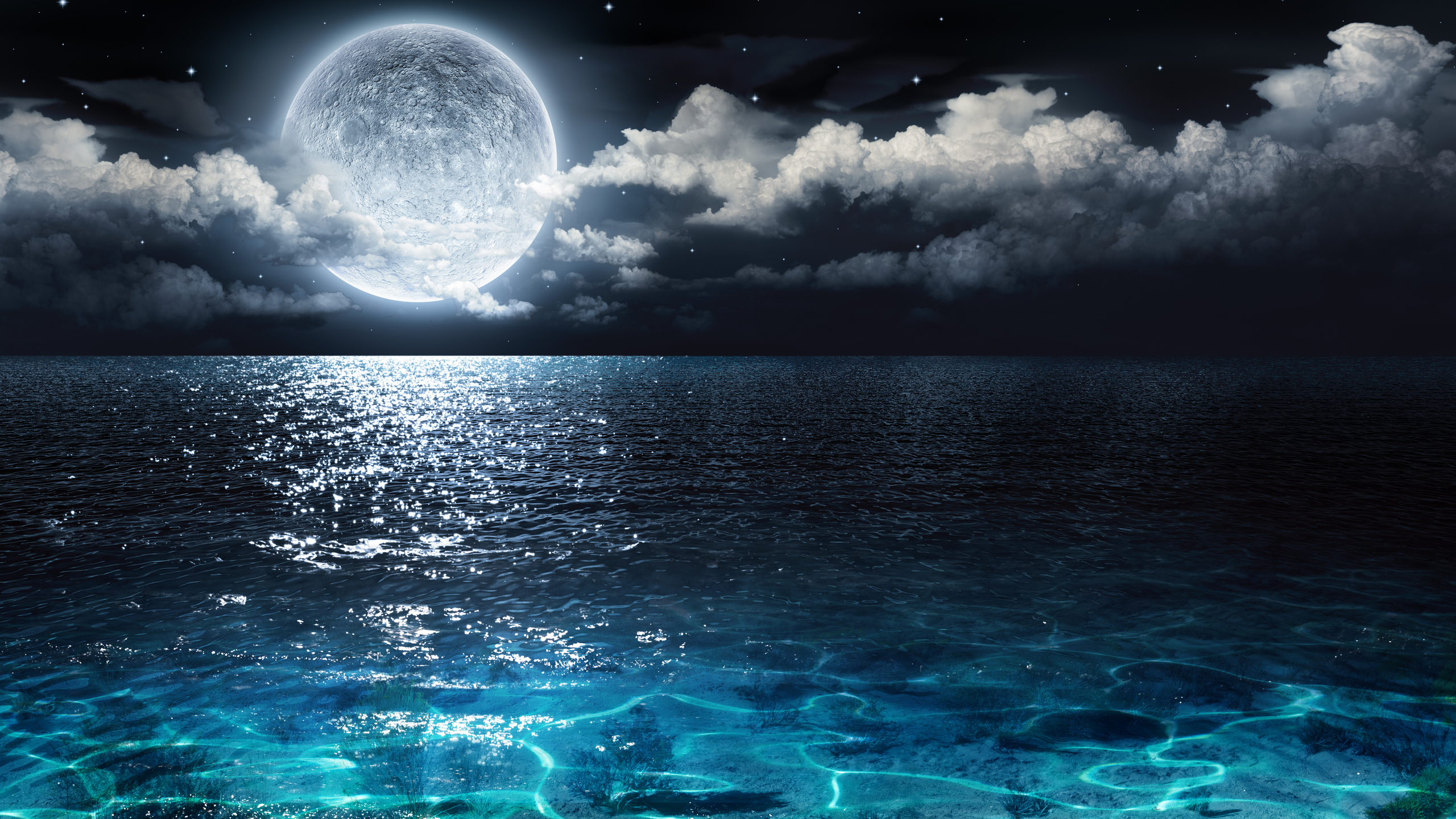 Download Moon over the ocean, Moon, Ocean, Night, Clouds, 3D Wallpaper in 2560x1440 Resolution