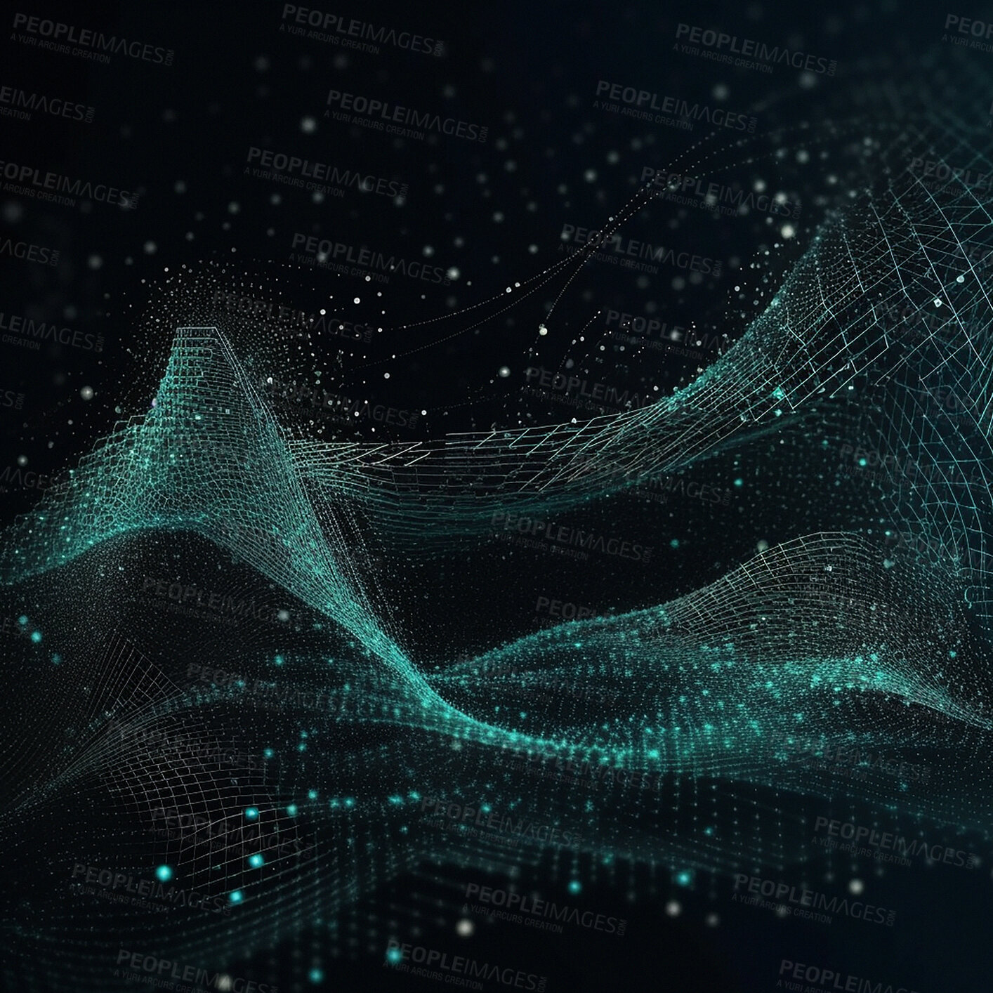 Data, internet and futuristic background wave, with blue connection, abstract and technology illustration for big data, AI or a network or stream of communication, science or music. Blockchain, cloud computing and digital