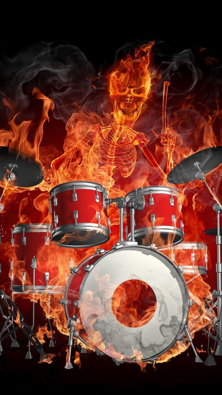 Drum Set on Fire with Skeleton Background