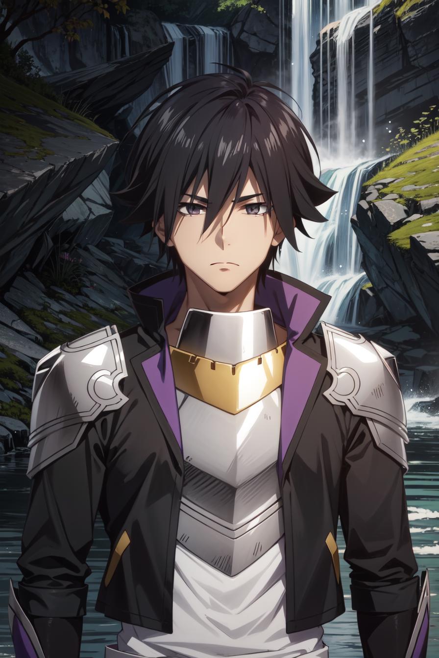 A man in a black jacket standing in front of a waterfall