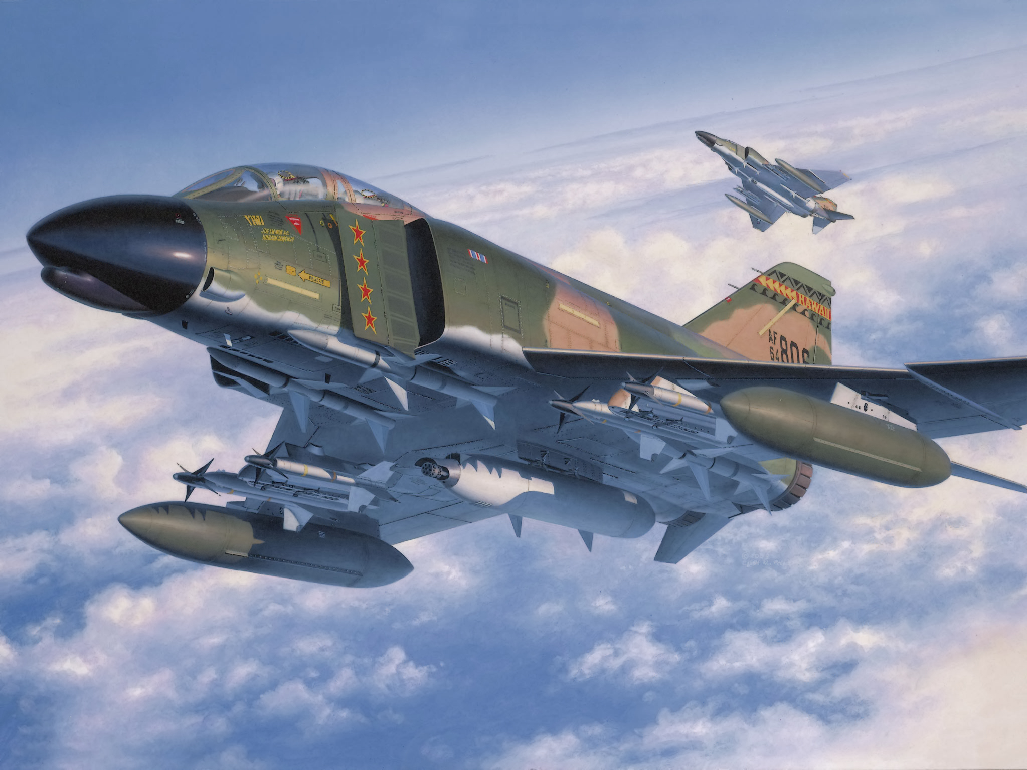 Wallpaper Fighter, War, Art, Painting, Aviation, Jet, McDonnell Douglas F 4 Phantom II For Mobile And Desktop, Section авиация, Resolution 2048x1536