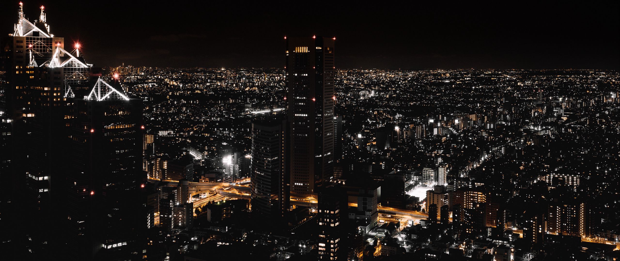 Download wallpaper 2560x1080 night city, view from above, city lights, skyscrapers, tokyo, japan dual wide 1080p HD background