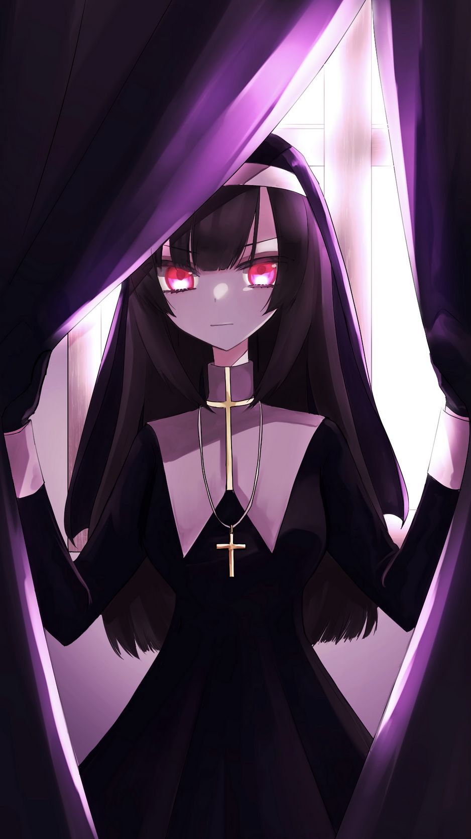 Download Wallpaper 938x1668 Girl, Nun, Anime, Art, Purple Iphone 8 7 6s 6 For Parallax HD Background