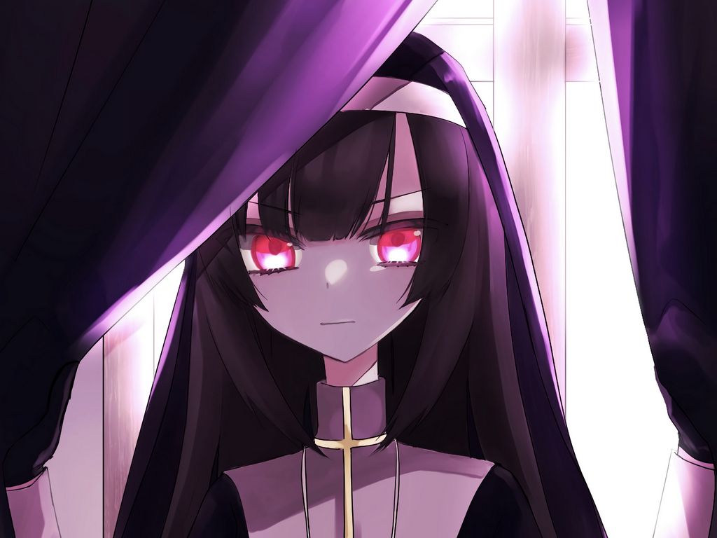 Download wallpaper 1024x768 girl, nun, anime, art, purple standard 4:3 HD background