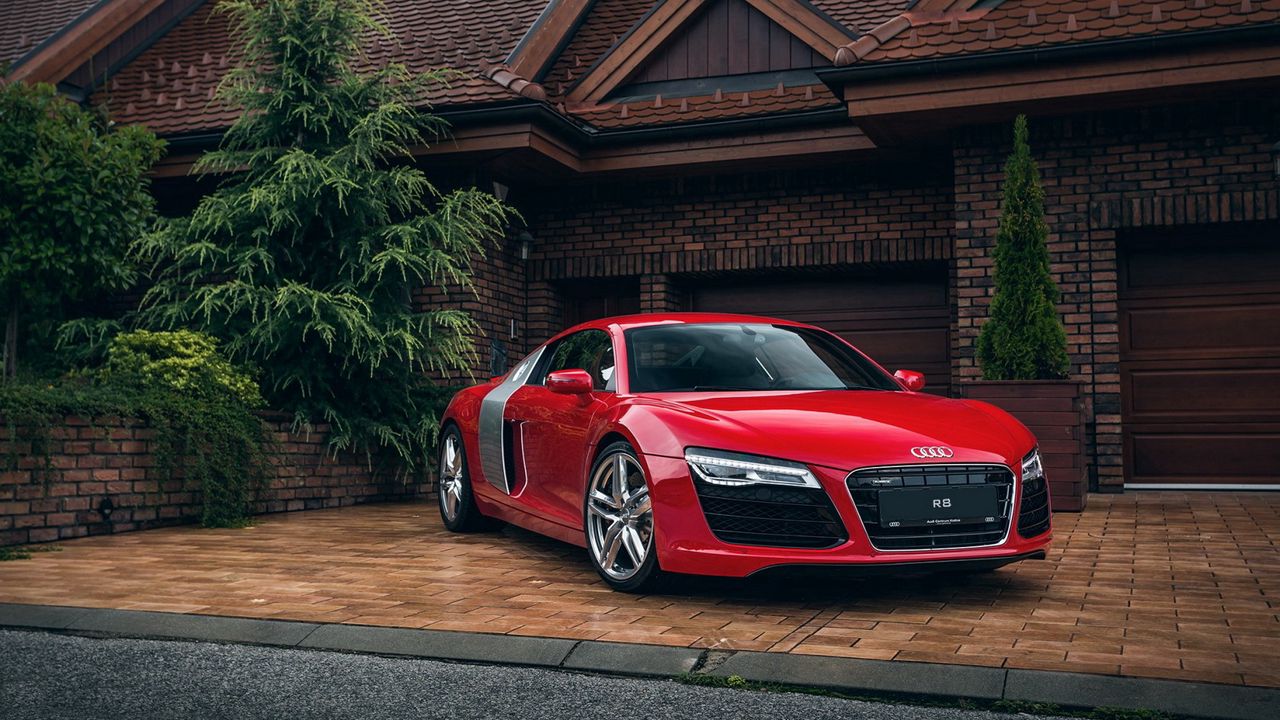 Download wallpaper 1280x720 audi, r8, red, front view hd, hdv, 720p HD background