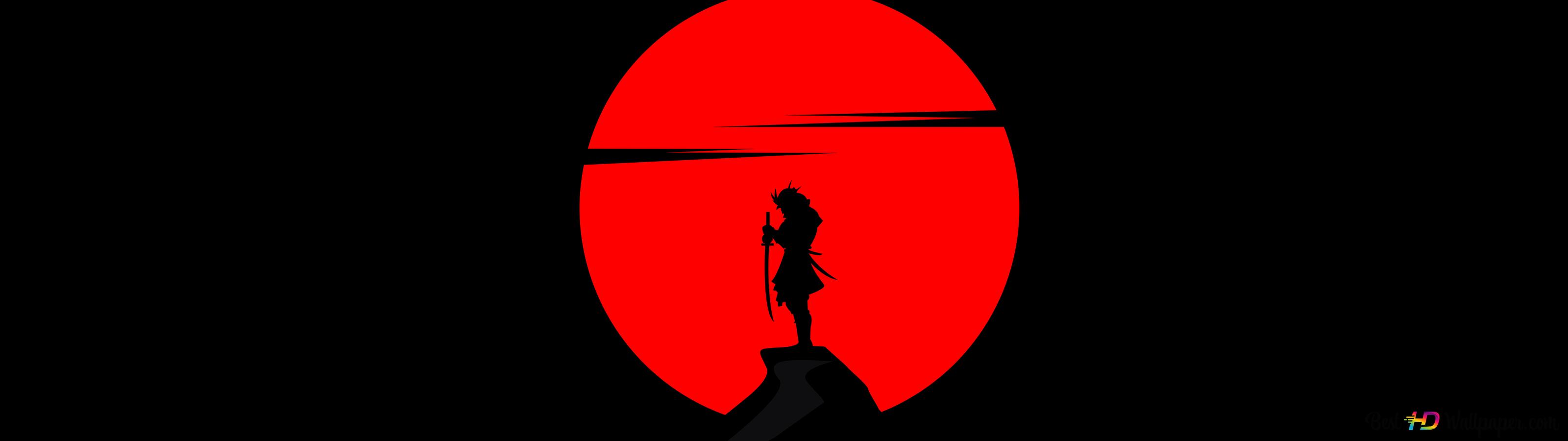 Alone Samurai shadow on red moon 8K wallpaper download