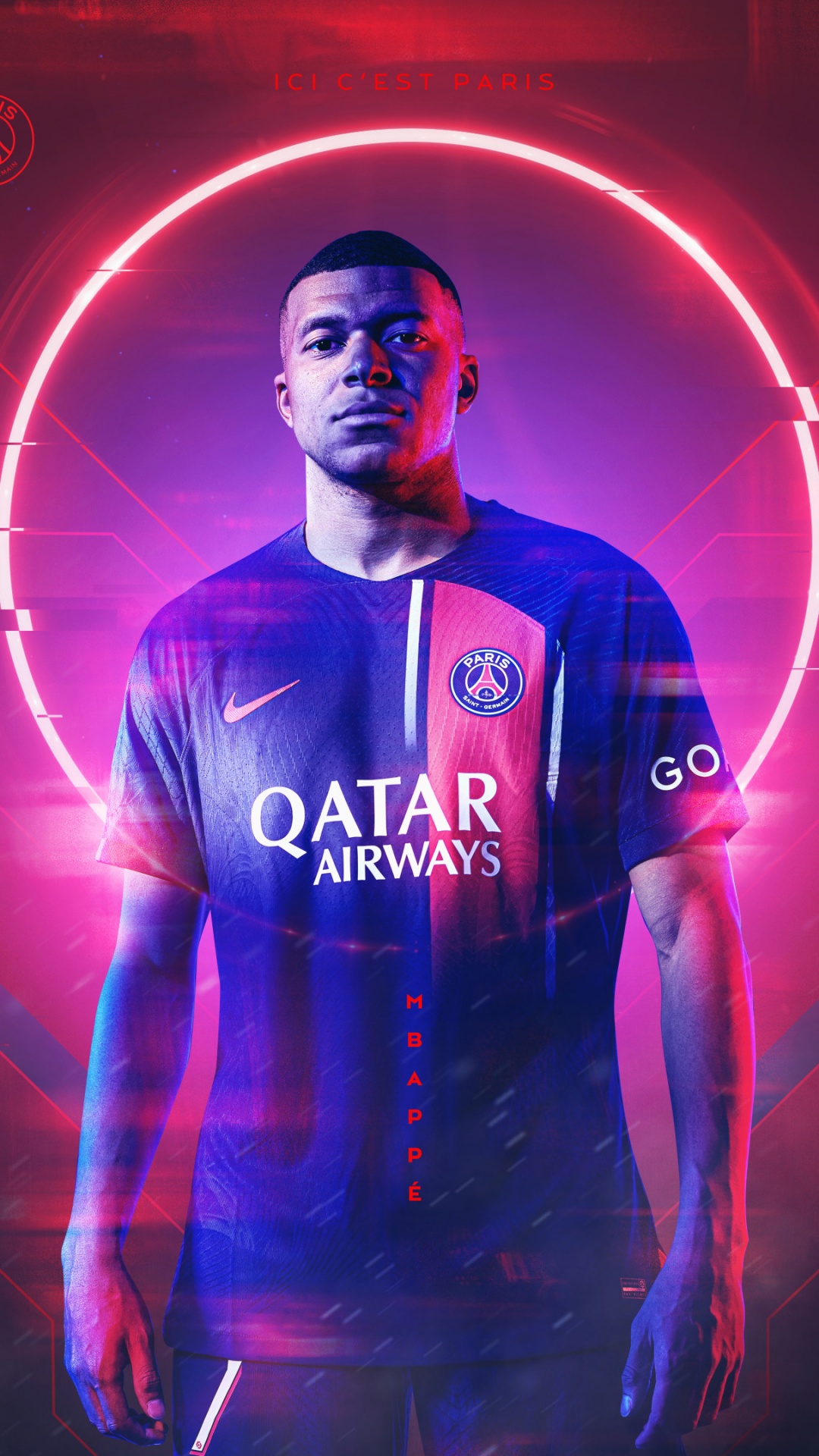 Kylian Mbappé Wallpaper 4K, Neon background, Red aesthetic