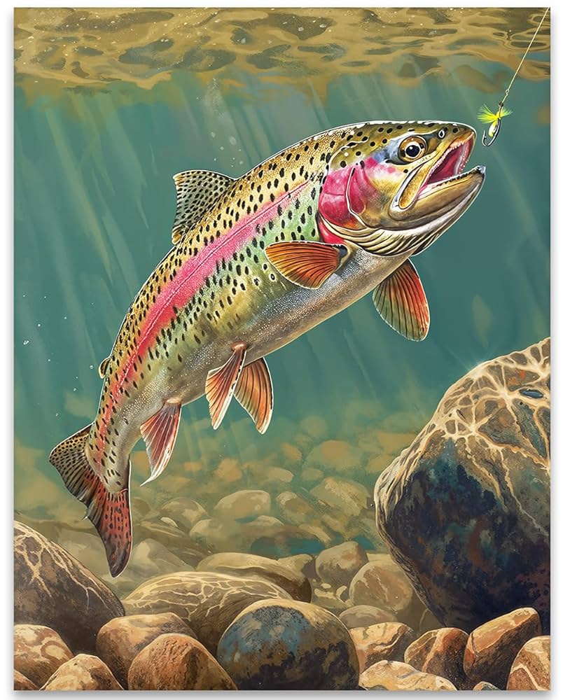 Rainbow Trout Fly Fishing Painting Unframed Poster Fishing Art for Anglers, Outdoor Enthusiasts, & Fisherman Nature Decor for Cabin, Fishing Lodge, Living Room, & Man