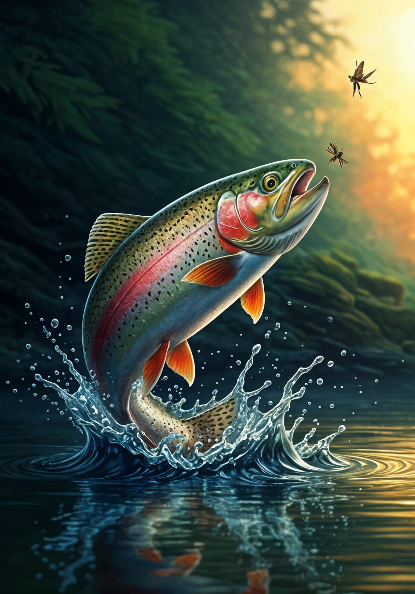 A rainbow trout leaps after a bug