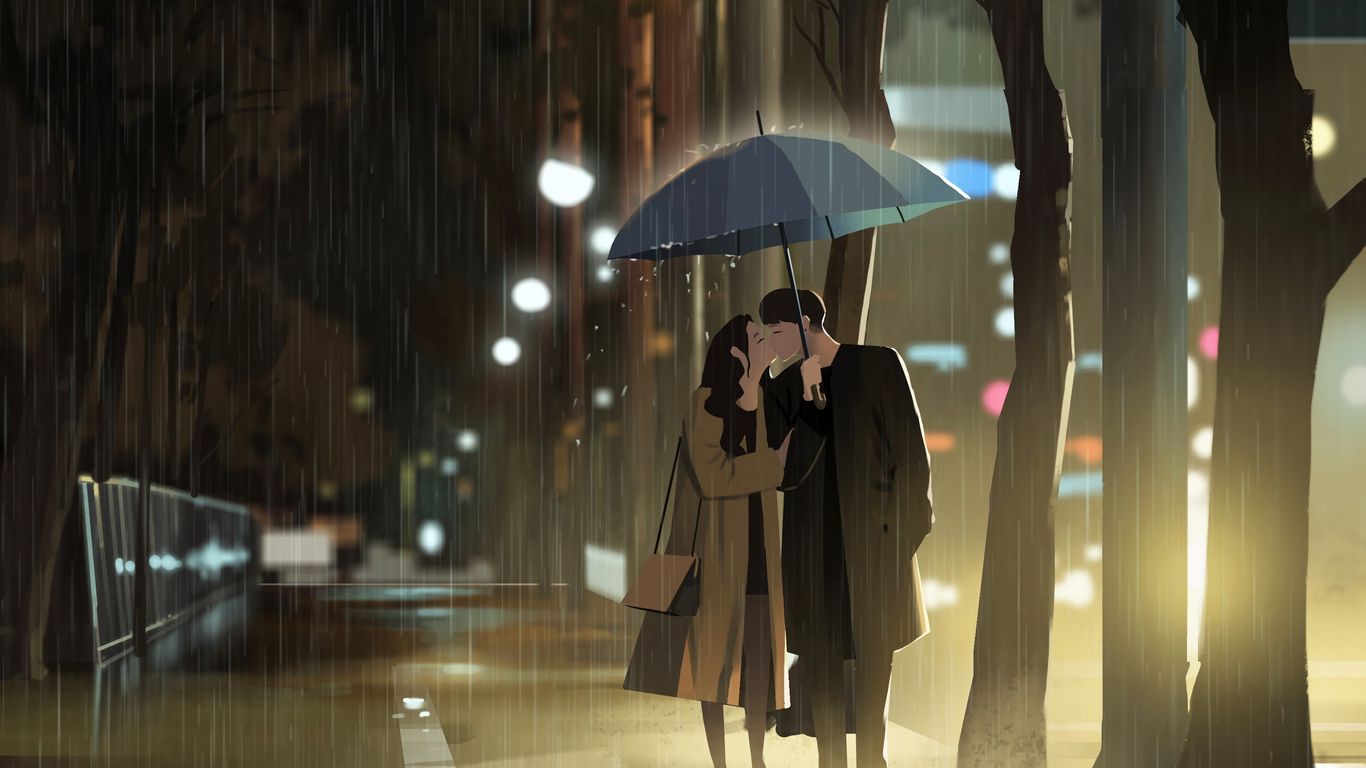 Download wallpaper 1366x768 love, kiss, rain, art tablet, laptop HD background