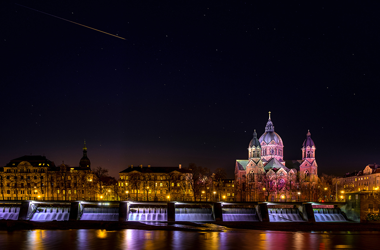 image Munich Bavaria Germany Waterfalls river night time Cities