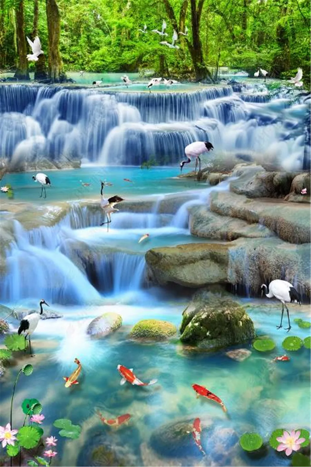 3D Wallpaper For Walls Custom Size Flowing Water Mural, Crane & Carp Design Indoor Wall Decor, Three Dimensional Effect Painting From Yunlin188, $50.26