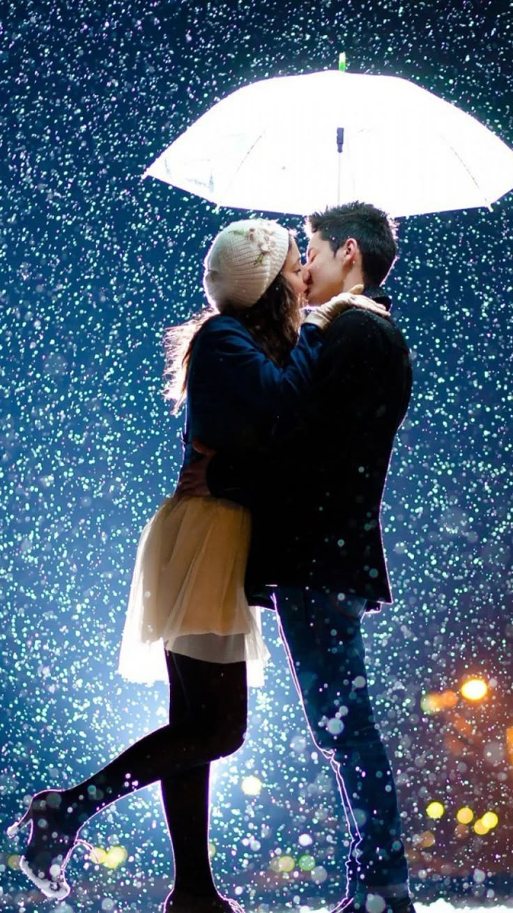 Couple Kissing Raining Umbrella 4K Ultra HD Mobile Wallpaper for iPhone & Android
