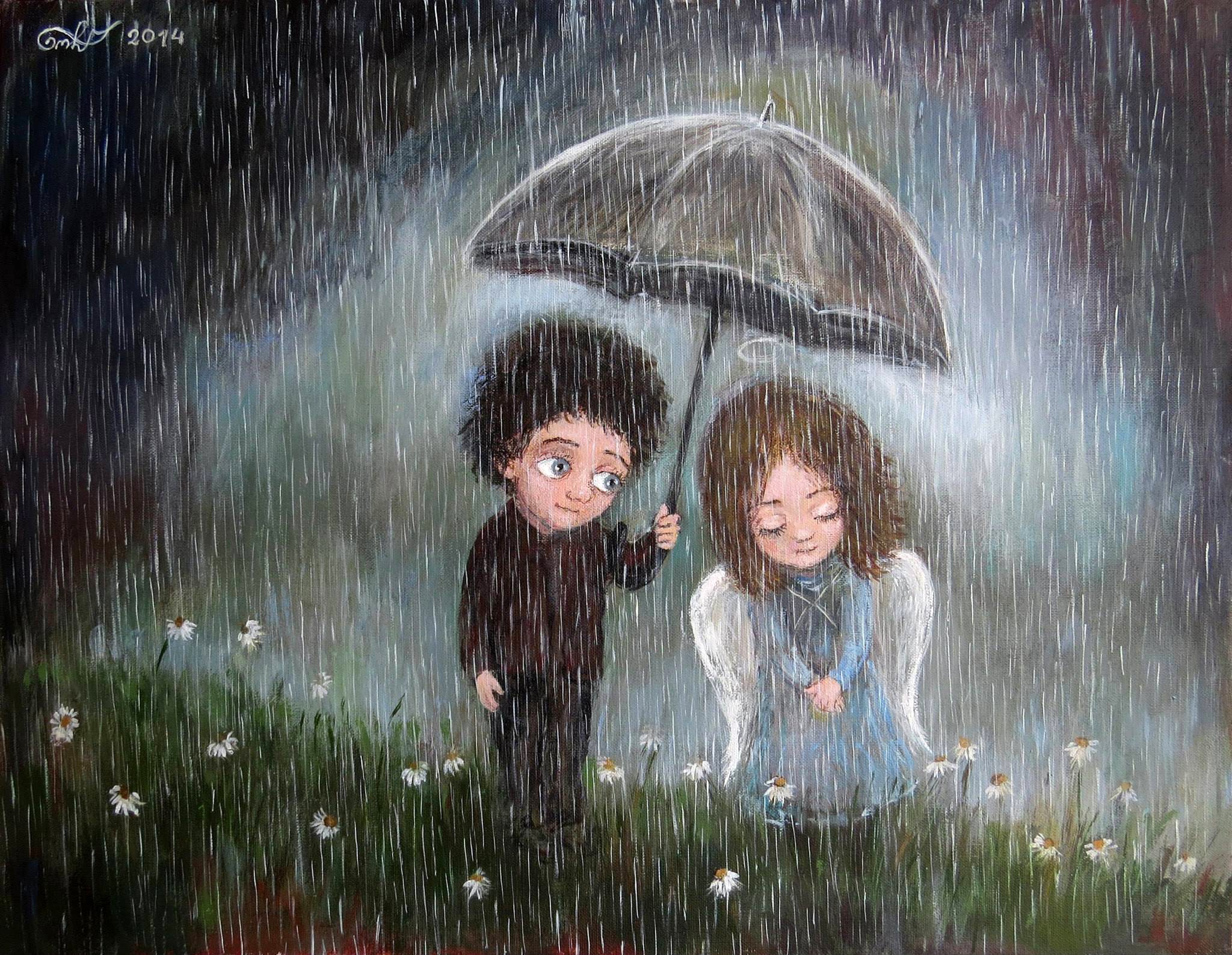 couple, Artwork, Emotions, Rain, Umbrella, Field, Flowers, Angel Wallpaper HD / Desktop and Mobile Background