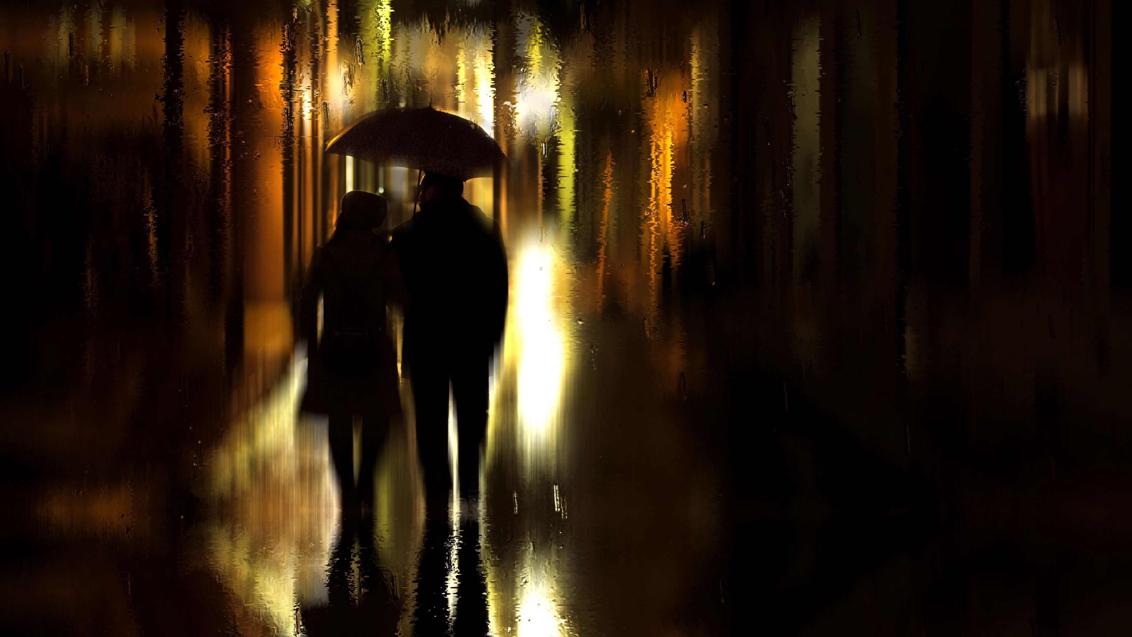 Download wallpaper 3840x2160 couple, umbrella, rain, silhouettes, walk, romance 4k uhd 16:9 HD background