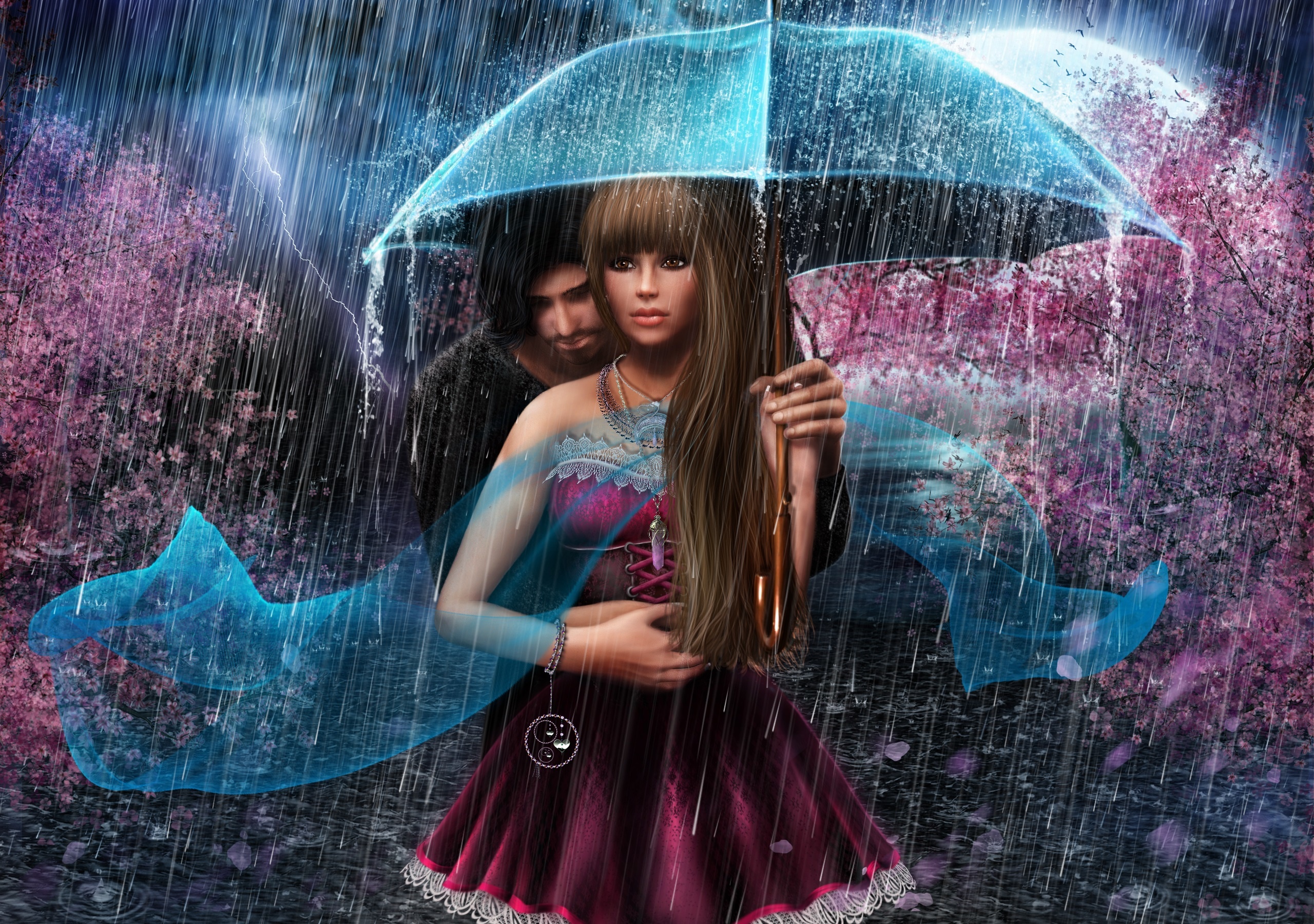 Download Rain Umbrella Couple Fantasy Love HD Wallpaper
