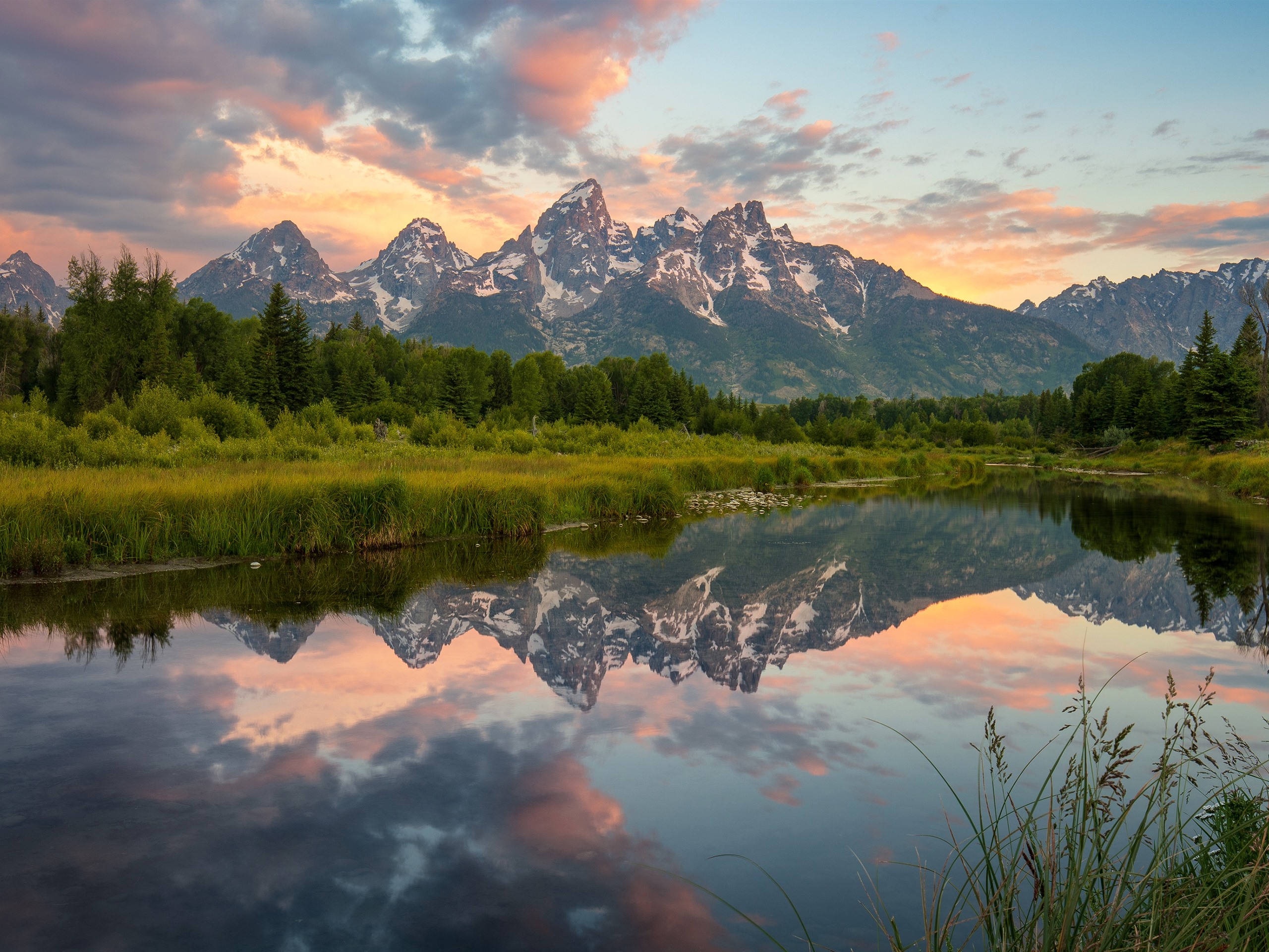 Wallpaper Summer, mountains, lake, water reflection, grass, forest, sunset 3840x2160 UHD 4K Picture, Image