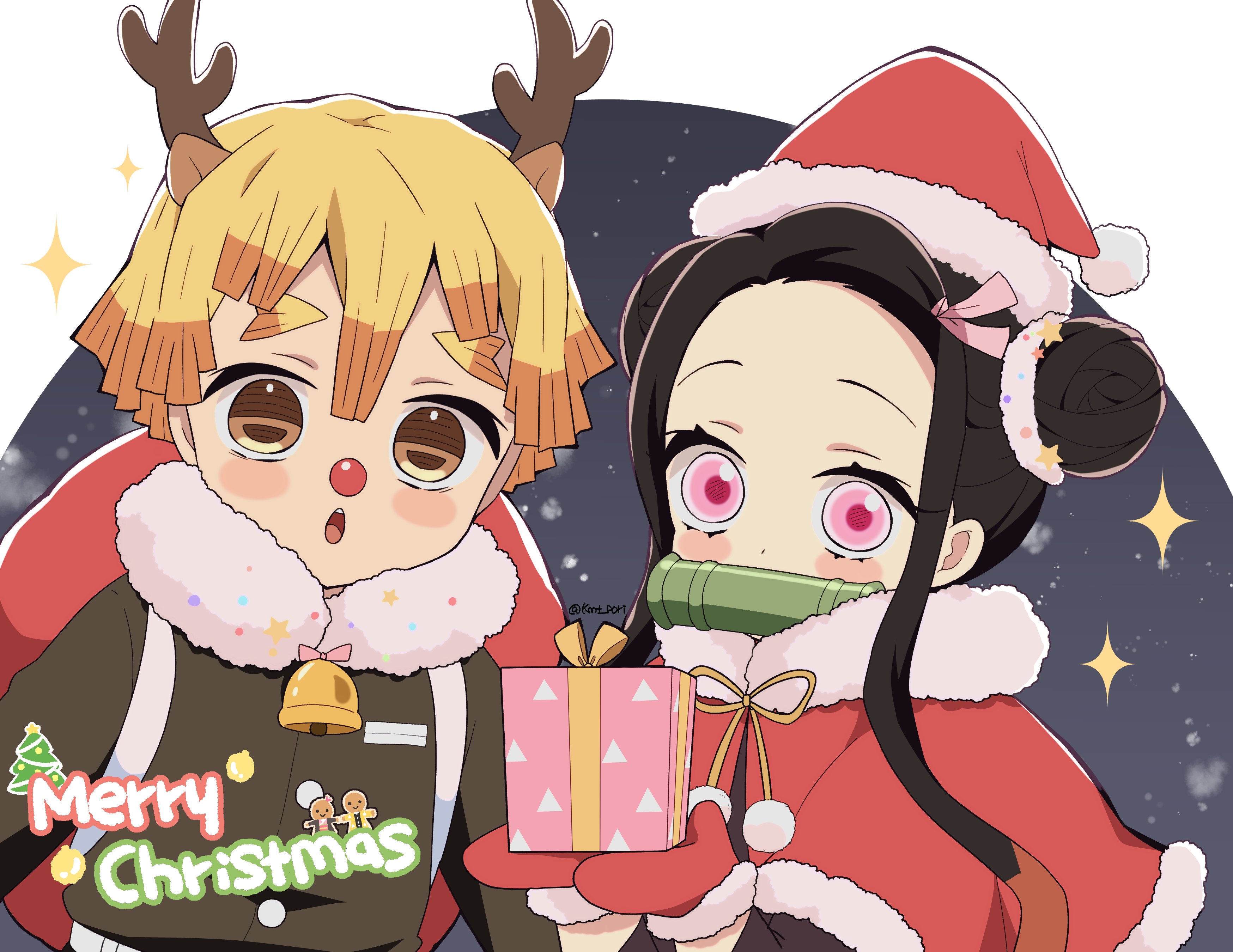Demon Slayer Festive Magic: Nezuko & Zenitsu Christmas HD Wallpaper