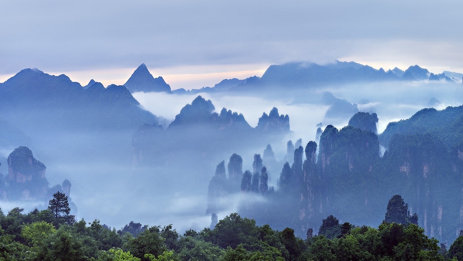 nature, Landscape, Morning, Mist, Mountains, Forest, Clouds, Sunrise, Trees, Guilin, China Wallpaper HD / Desktop and Mobile Background