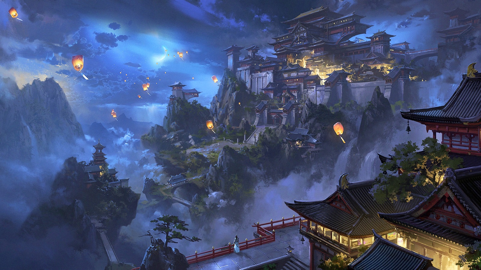 Wallpaper Chinese landscape, city, mountains, trees, lanterns, retro, watercolor painting 1920x1080 Full HD 2K Picture, Image