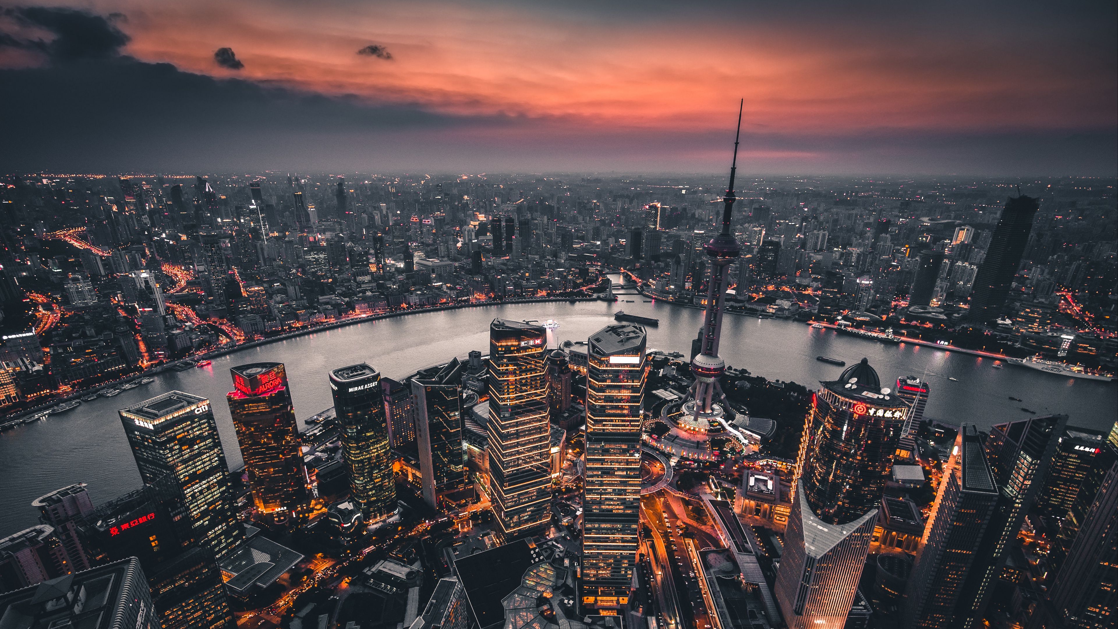Download wallpaper 3840x2160 night city, aerial view, lights city, overview, shanghai, china 4k uhd 16:9 HD background