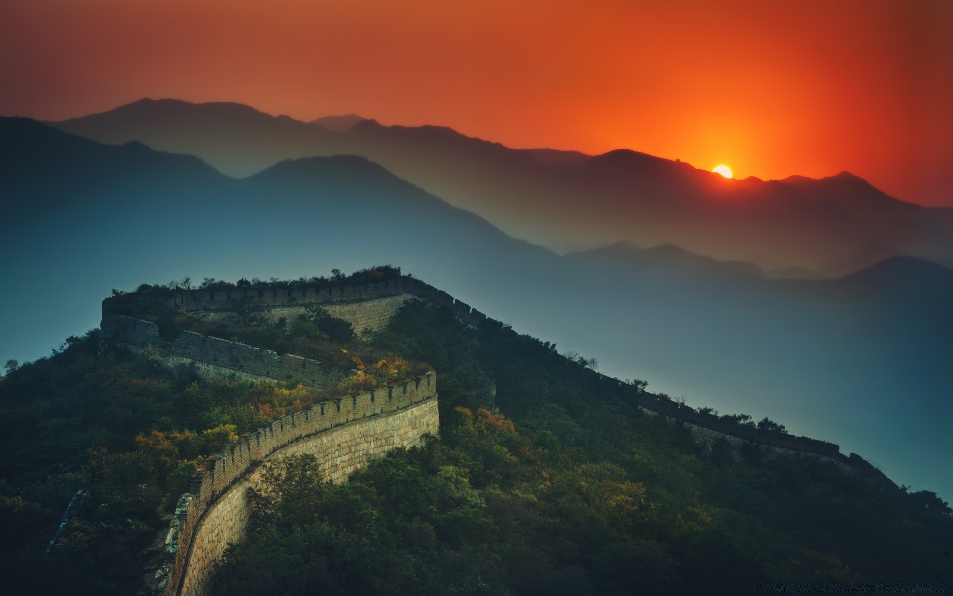 The Great Wall of China. Red sunset