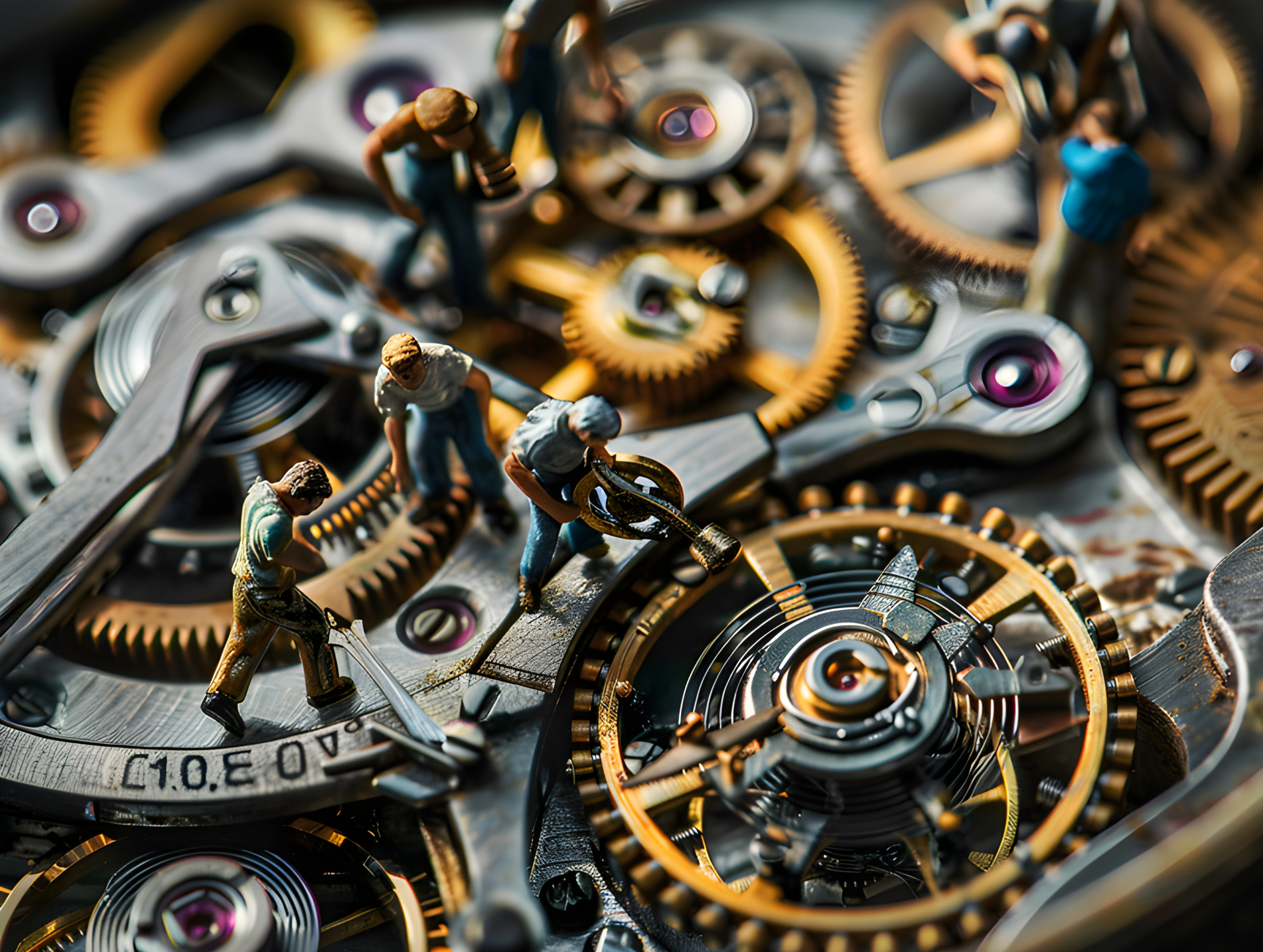 A Close Up Of A Vintage Watch Mechanism, With Tiny People Working On The Gears Image Stock Image For Commercial Use