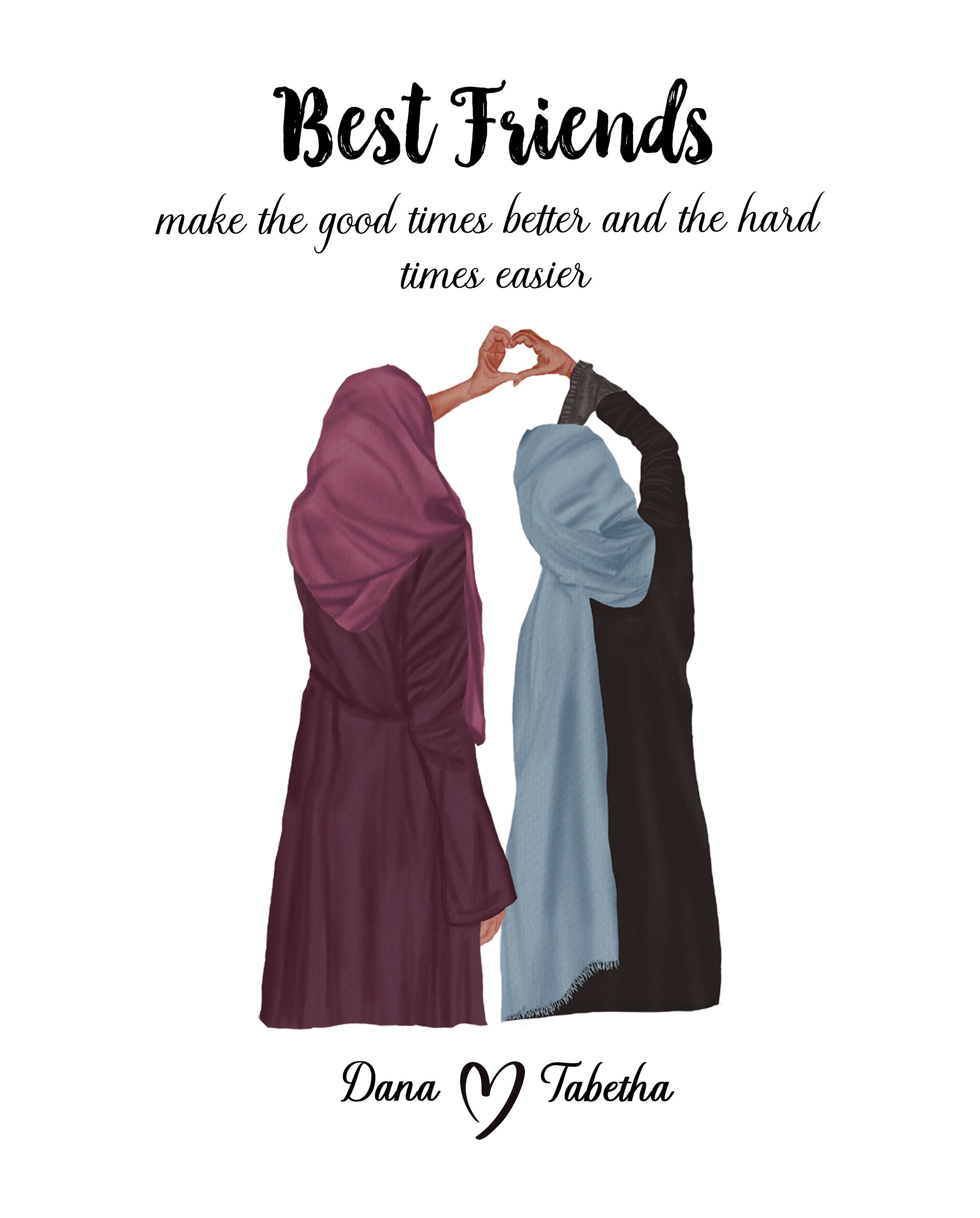 Personalized Muslim Best Friends Portrait Print, Hijab Fashion Art Print, Muslim Girls Gift, Hijab Gift, DIGITAL