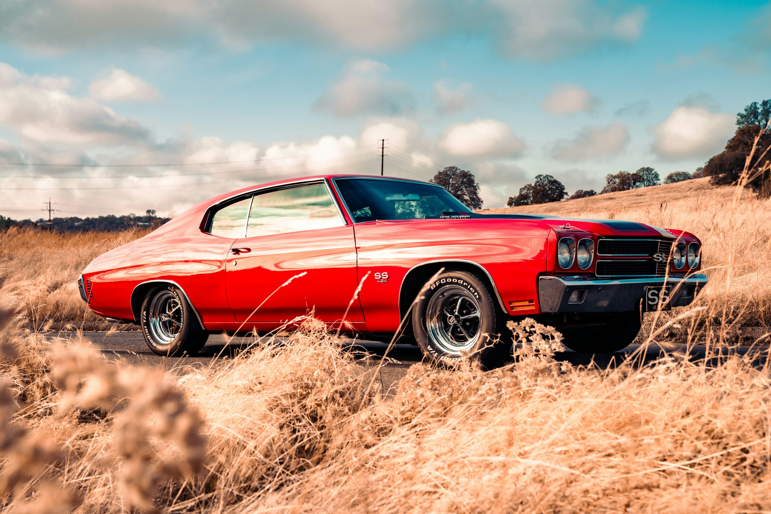 Red chevrolet camaro on brown grass field during daytime photo