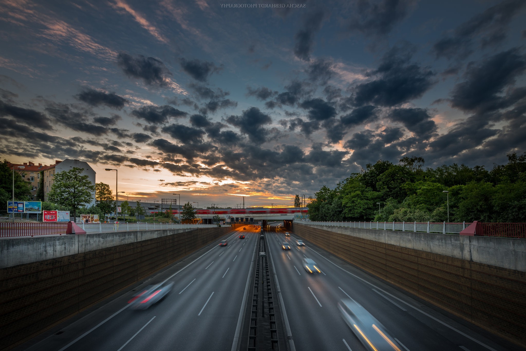 photography, Landscape, Far View, Motion Blur, Clouds, Trees, Road, City, Banner, Bridge, Architecture, Lights, Car Wallpaper HD / Desktop and Mobile Background