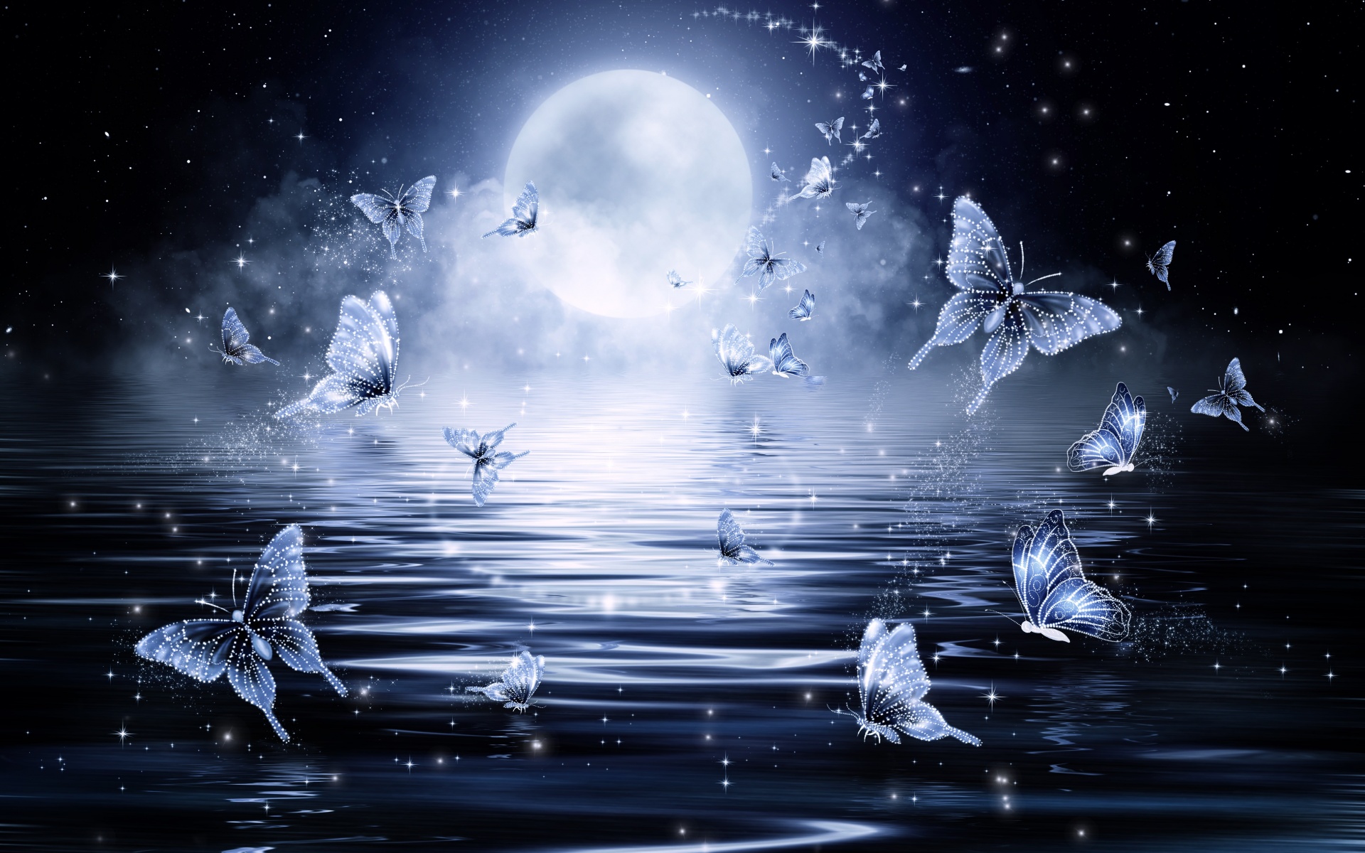 Butterflies Wallpaper 4K, Stars, Moon, Night, Water