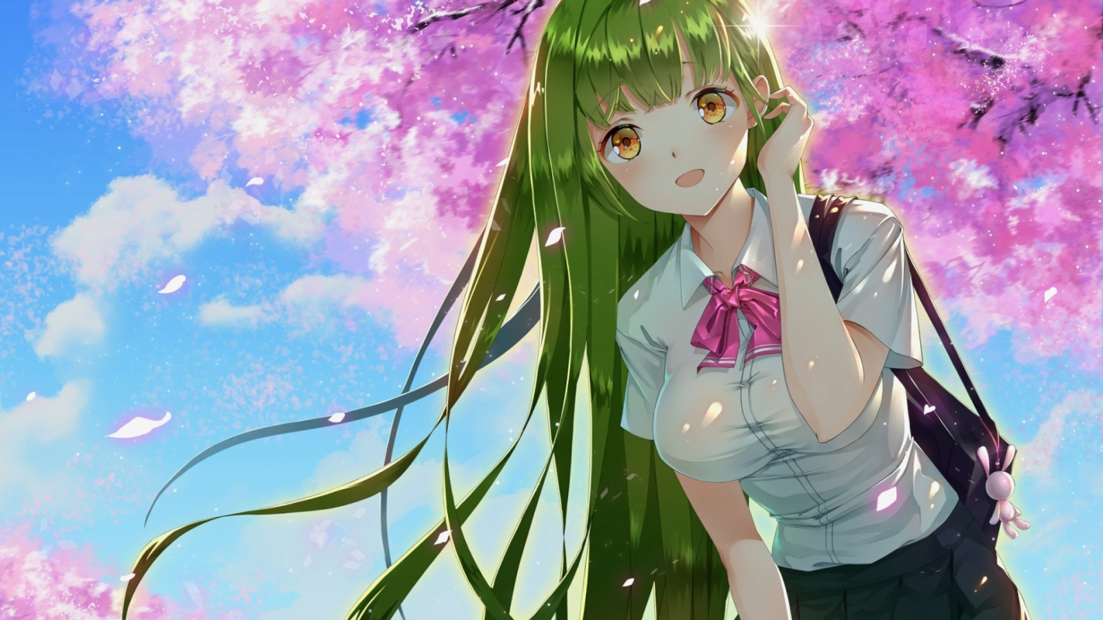 Anime girl with green hair and brown eyes Desktop wallpaper 1600x900