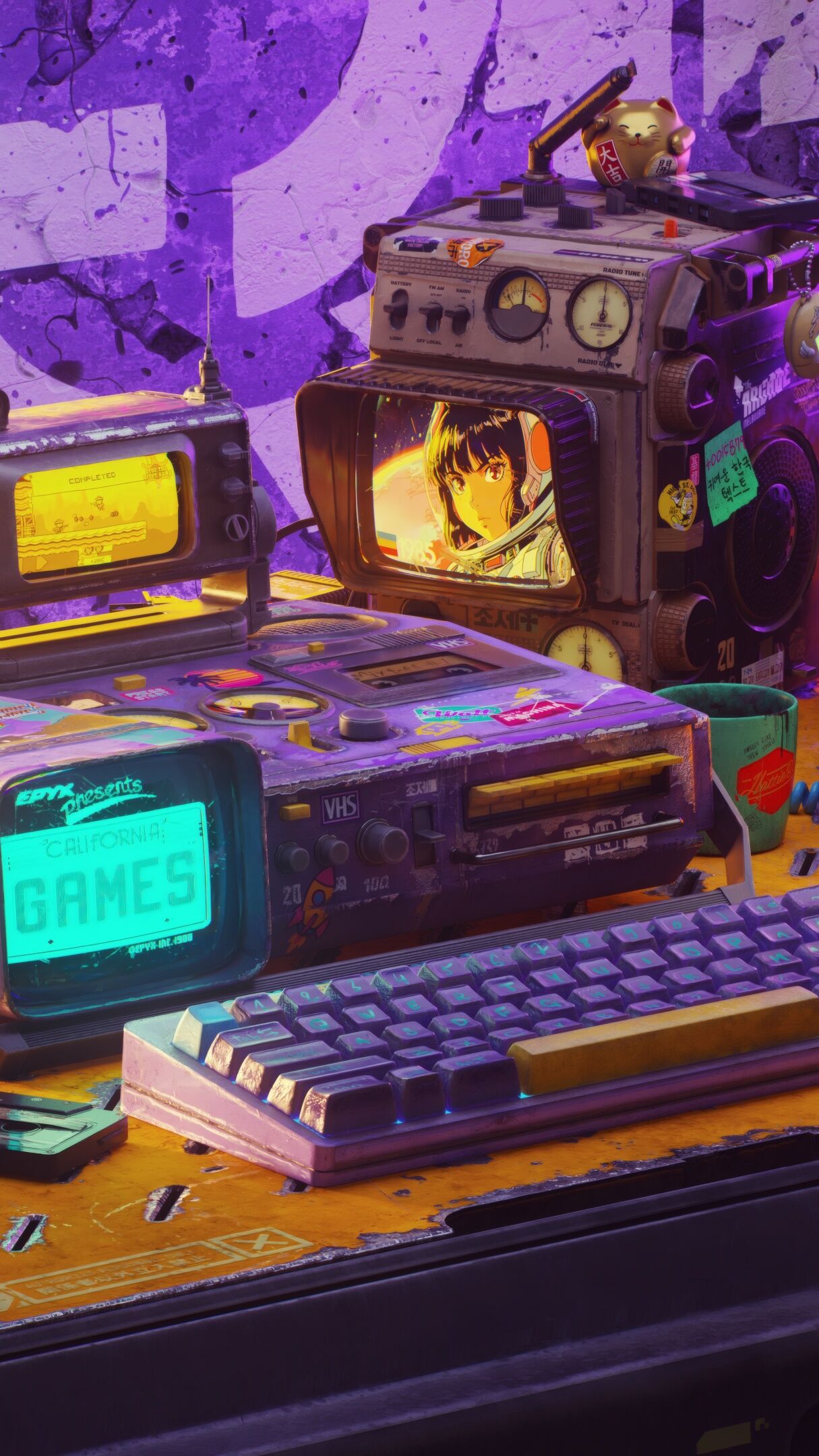 Retro Cyberpunk Gaming Setup with Vintage Tech