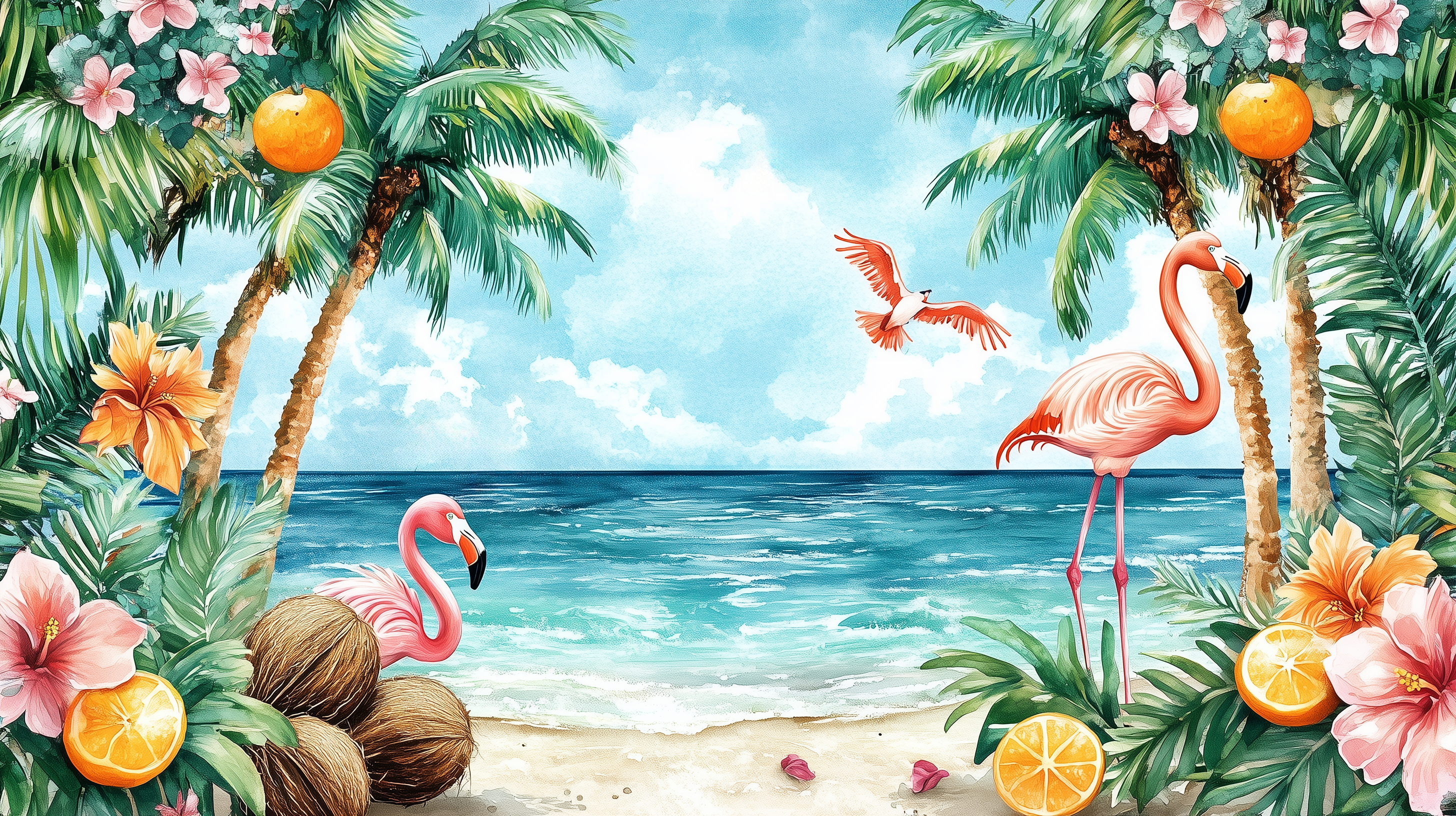 Dreamy Tropical Beach Mural, Peel and Stick Flamingos and Palm Trees Wallpaper, Ocean Calm Beach Colorful Wall Decor