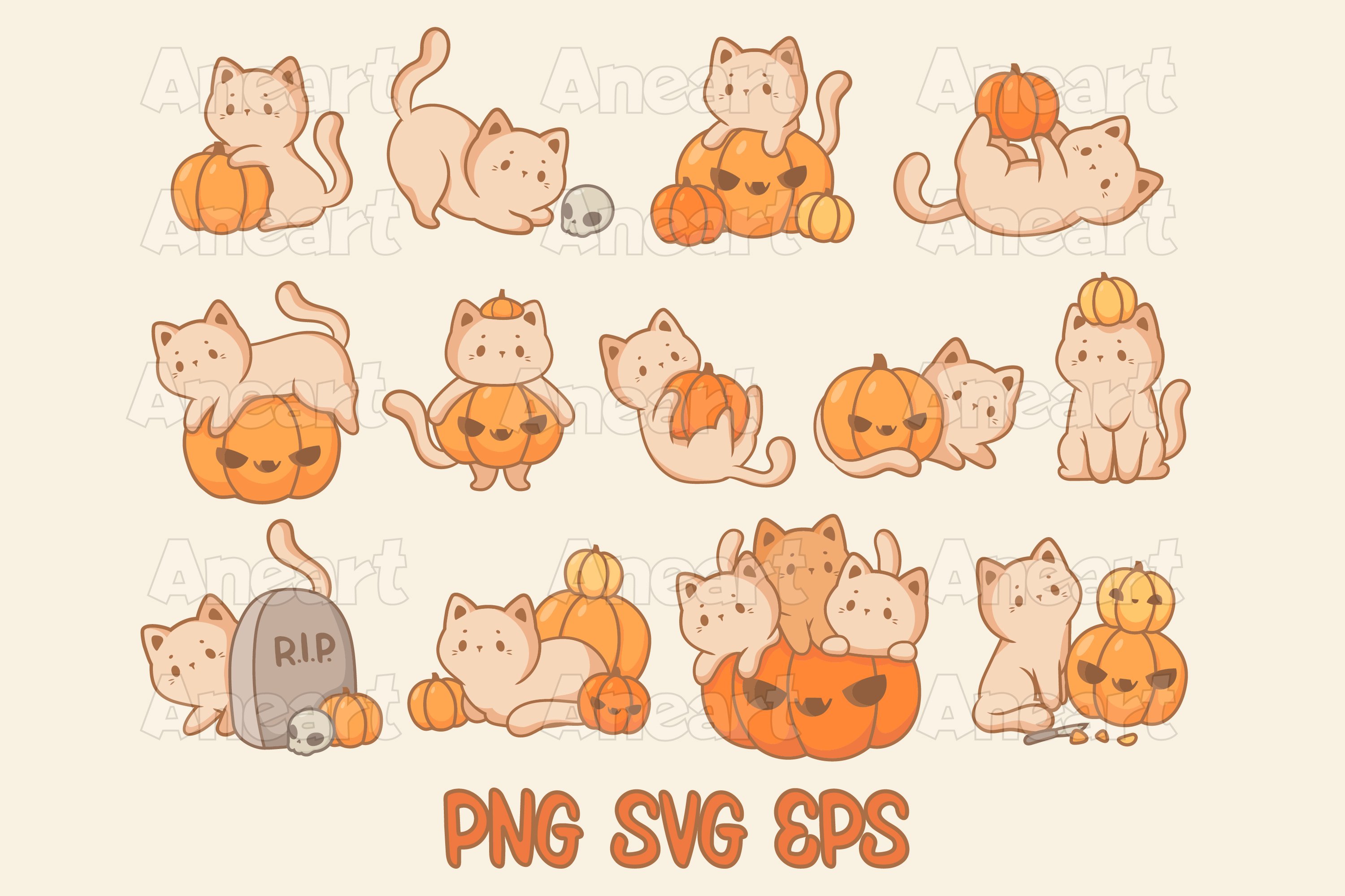 Cute halloween cat and pumpkin, kawaii halloween svg png eps