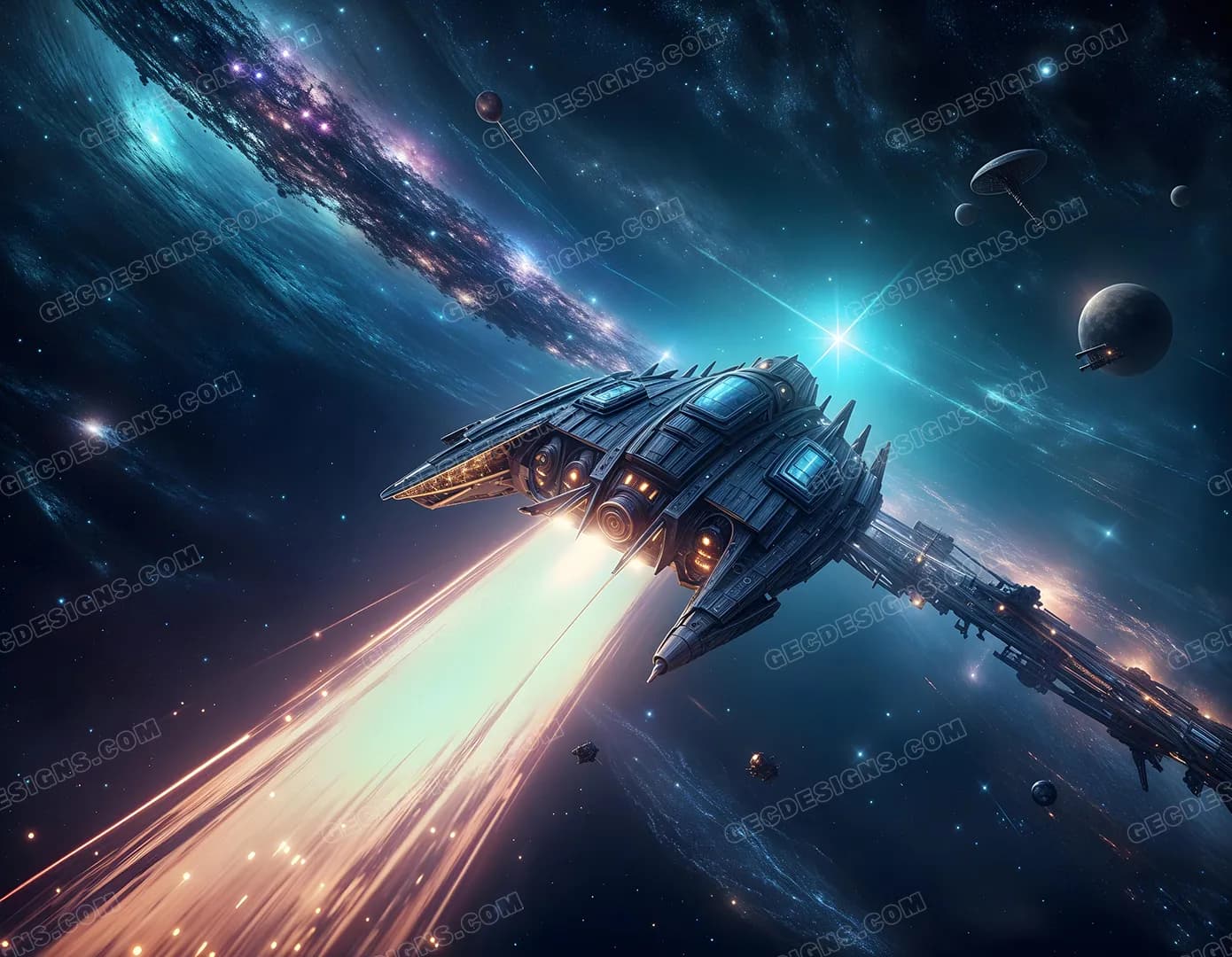Futuristic tech Spaceship in a deep galaxy wallpaper with beautiful celestial sky background