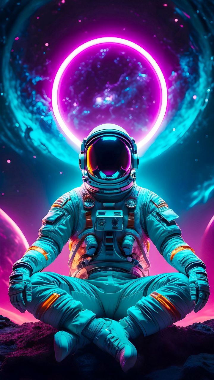 free wallpaper 4K cosmonaut, circle, neon, purple, planet, space, ai, art for mobile and desktop
