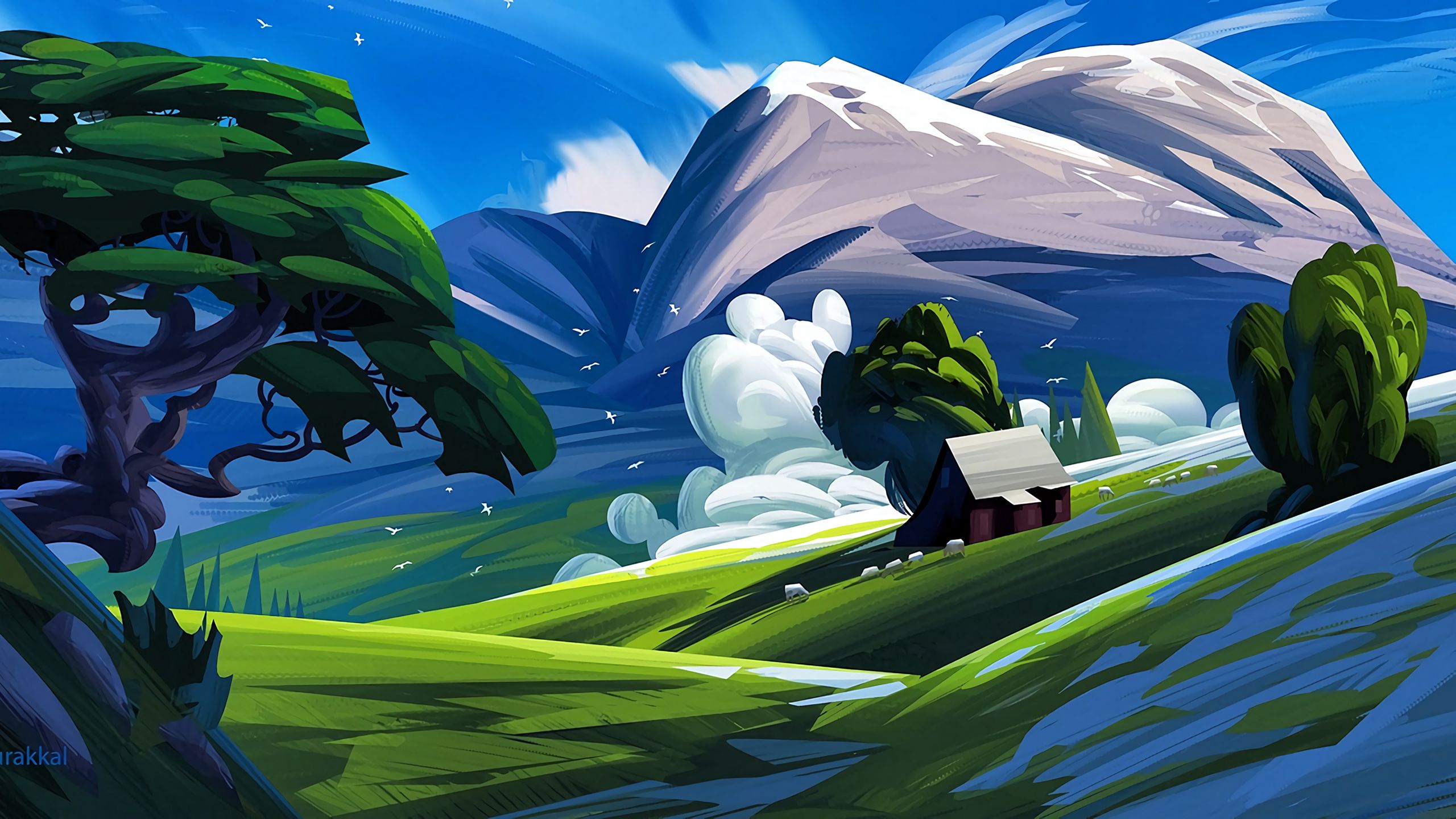 Download wallpaper 2560x1440 house, mountains, art, landscape, paint widescreen 16:9 HD background